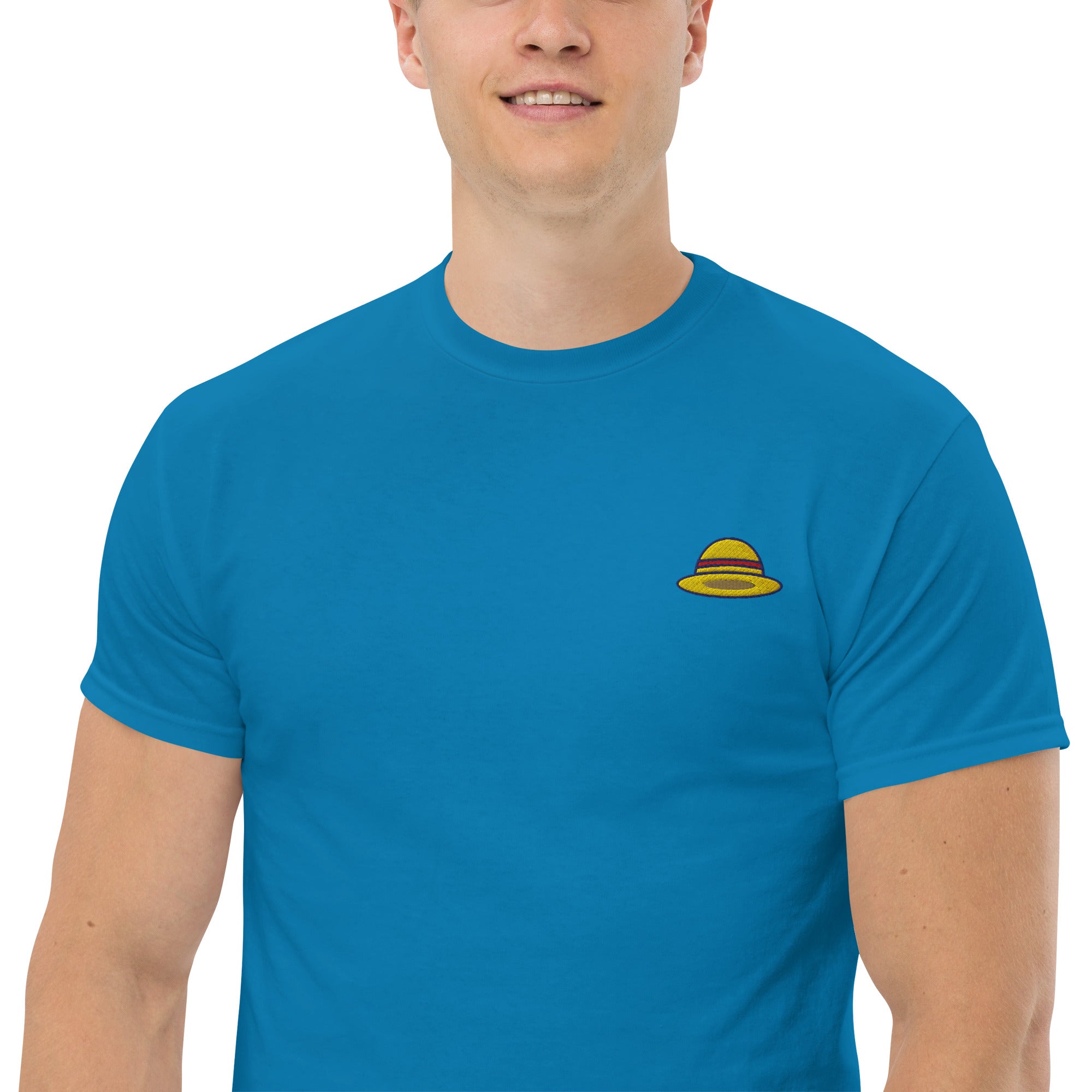T-Shirt Unisex Ricamata 100% Cotone – Confortevole – Design Design Cappello di Paglia-Biiply