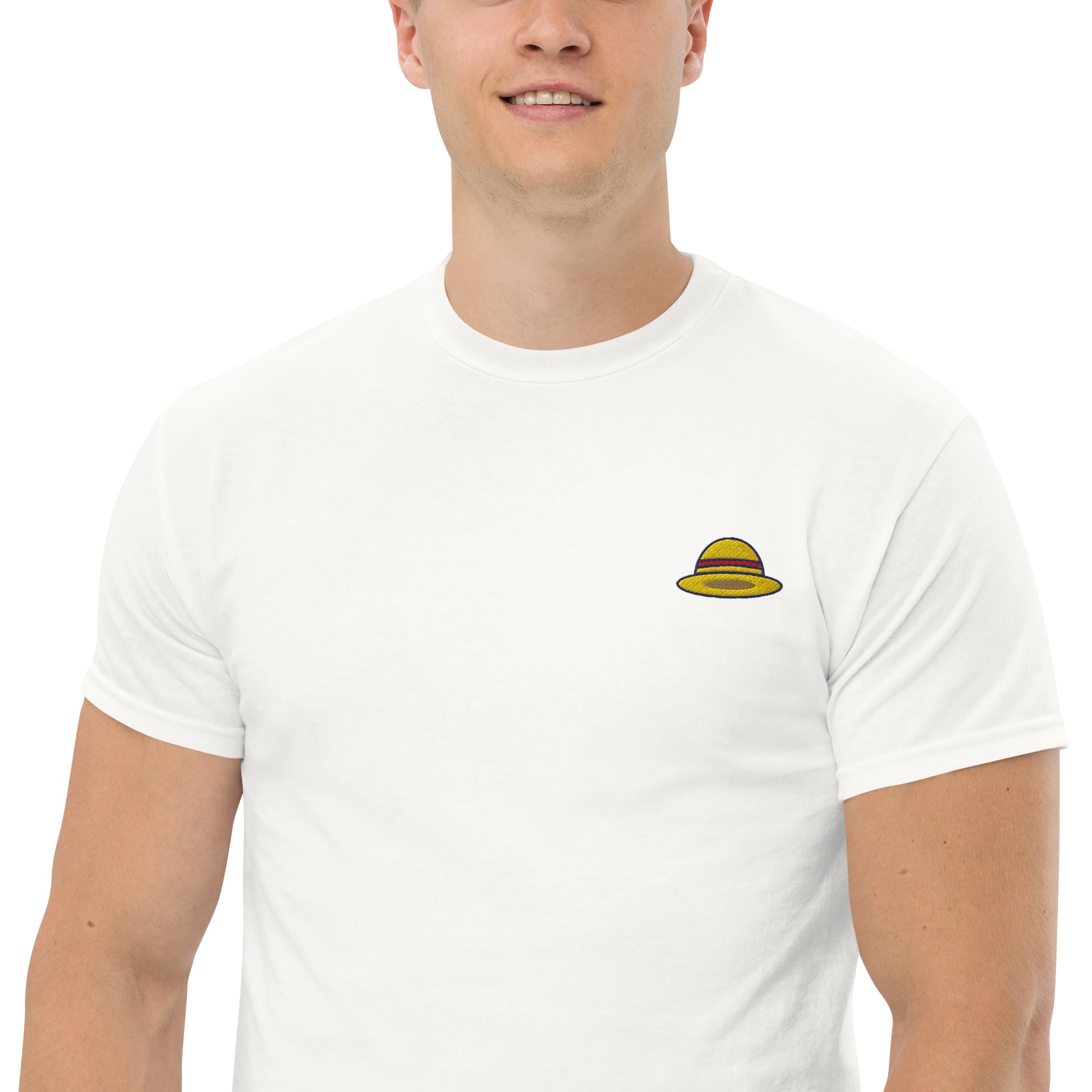 T-Shirt Unisex Ricamata 100% Cotone – Confortevole – Design Design Cappello di Paglia-Biiply