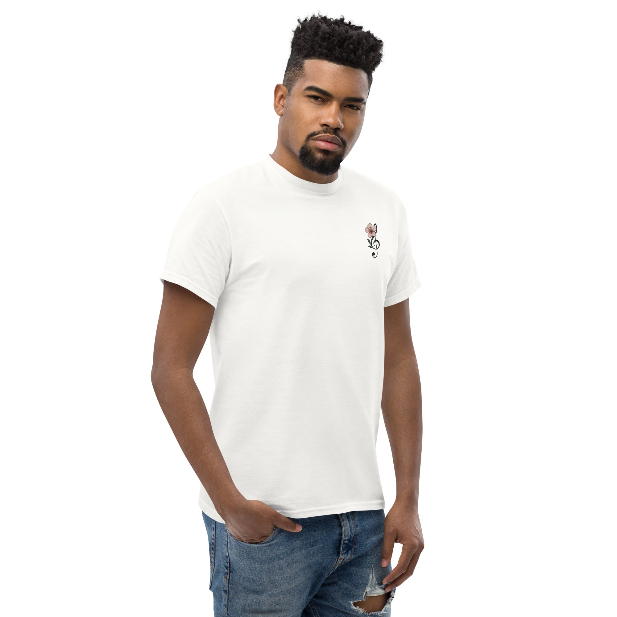T-Shirt Unisex Ricamata 100% Cotone – Confortevole – Design Fiore di Ciliegio-Biiply