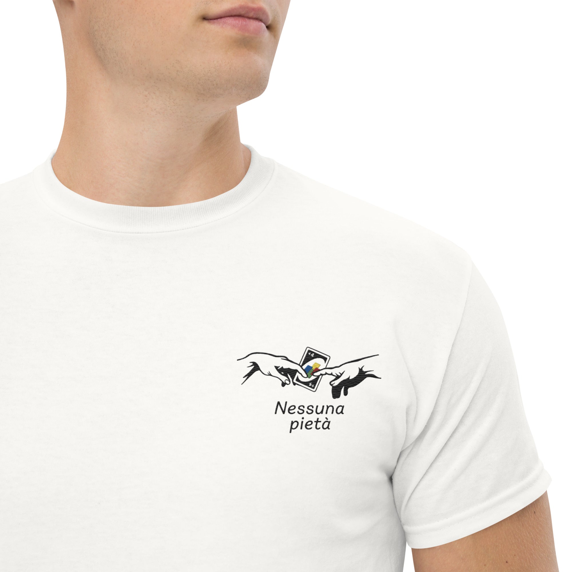 T-Shirt Unisex Ricamata 100% Cotone – Confortevole – Design Nessuna Pietà +4-Biiply