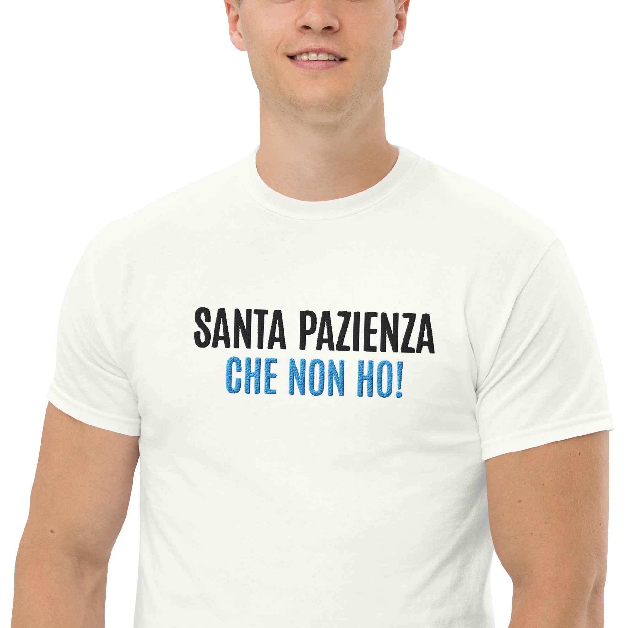 T-Shirt Unisex Ricamata 100% Cotone – Confortevole – Design Santa Pazienza Che non ho!-Biiply