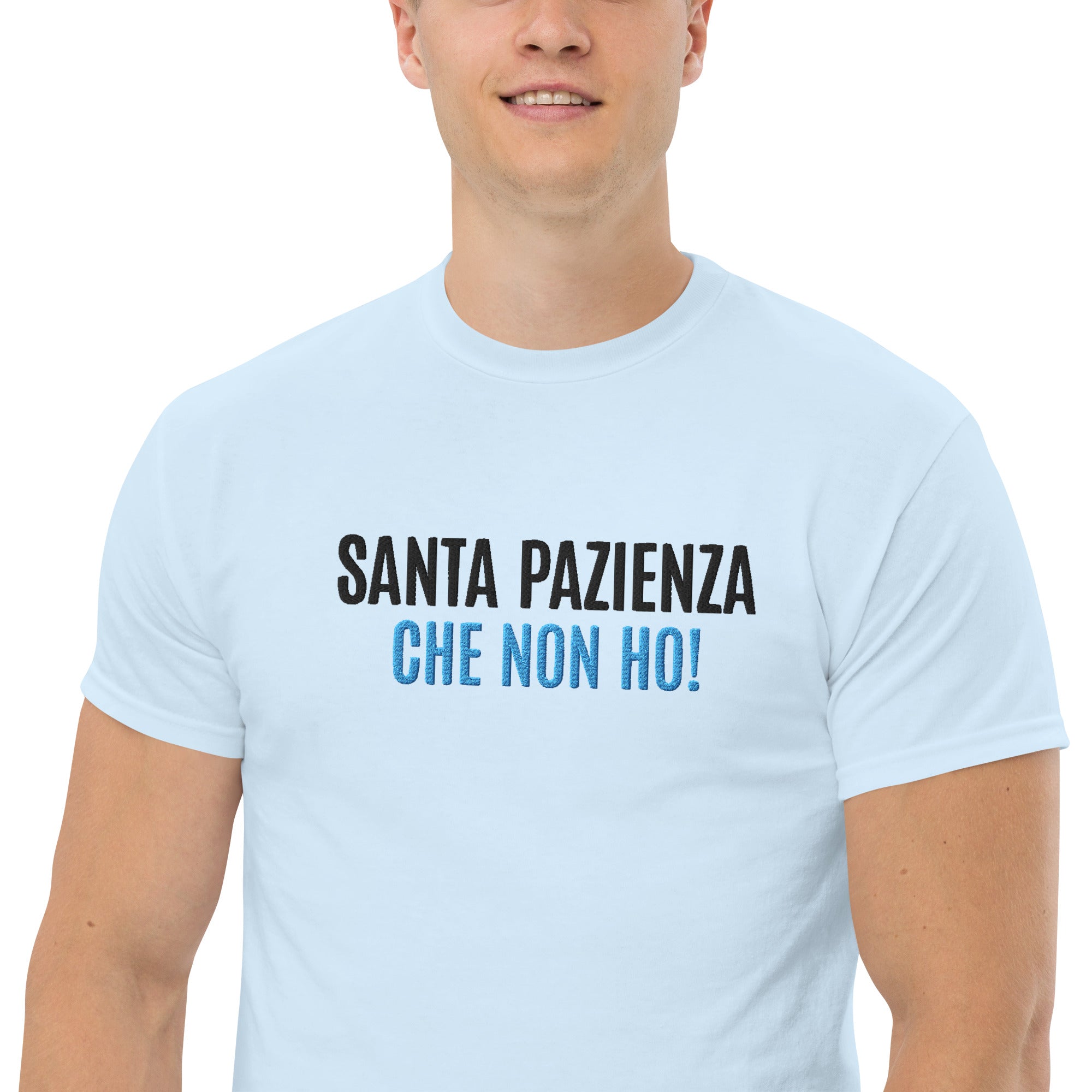 T-Shirt Unisex Ricamata 100% Cotone – Confortevole – Design Santa Pazienza Che non ho!-Biiply