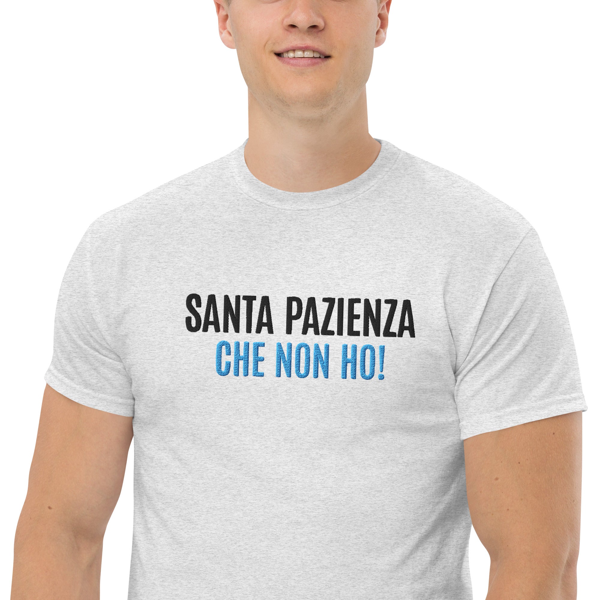 T-Shirt Unisex Ricamata 100% Cotone – Confortevole – Design Santa Pazienza Che non ho!-Biiply