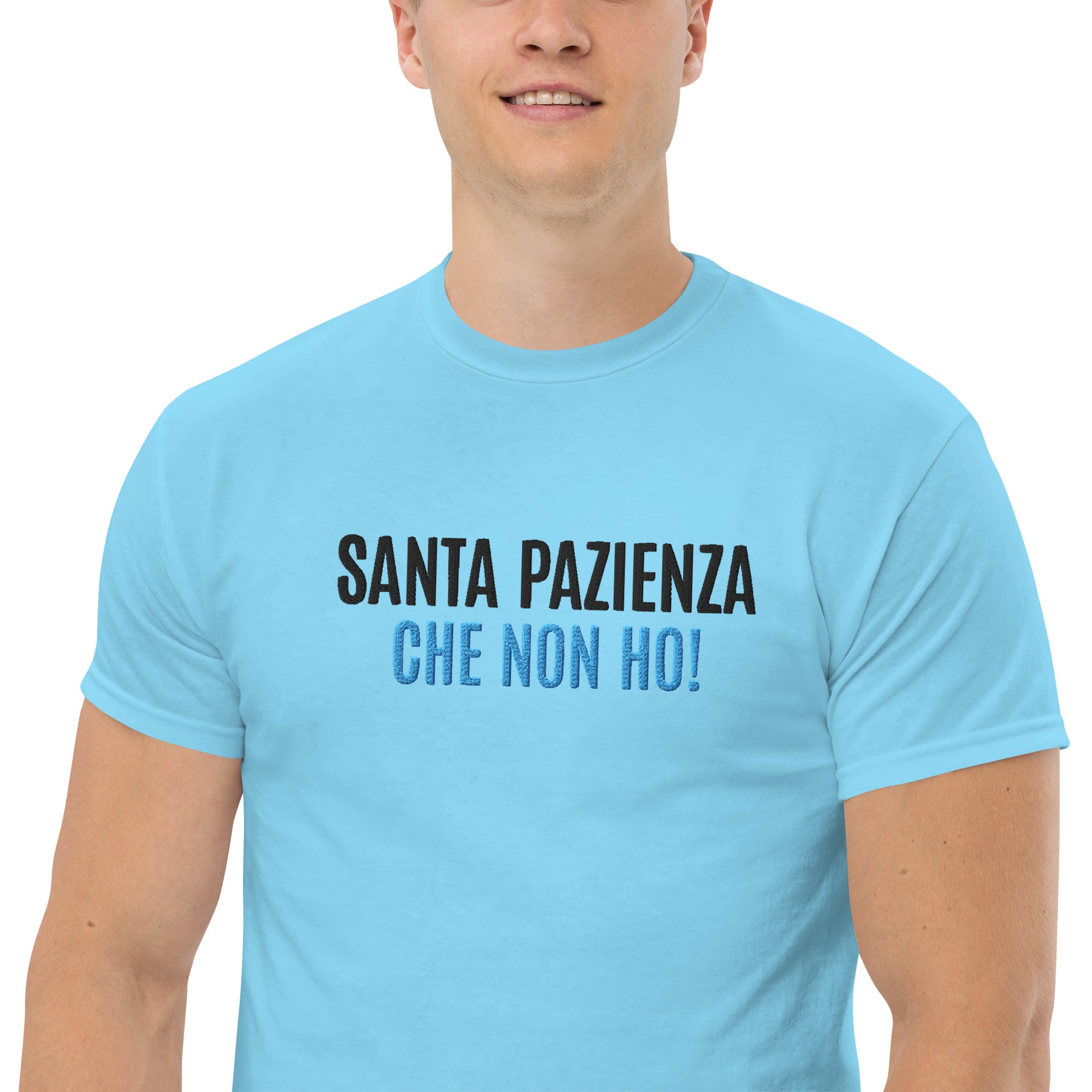 T-Shirt Unisex Ricamata 100% Cotone – Confortevole – Design Santa Pazienza Che non ho!-Biiply