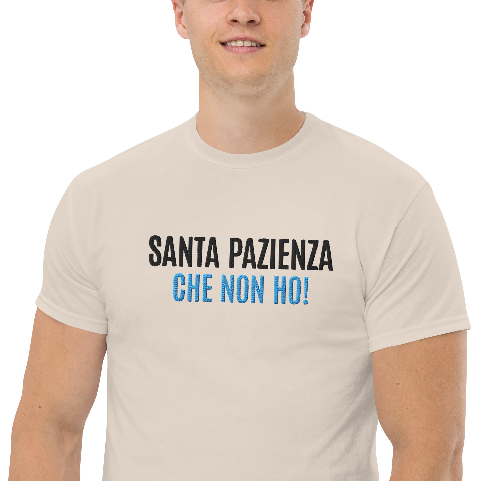 T-Shirt Unisex Ricamata 100% Cotone – Confortevole – Design Santa Pazienza Che non ho!-Biiply