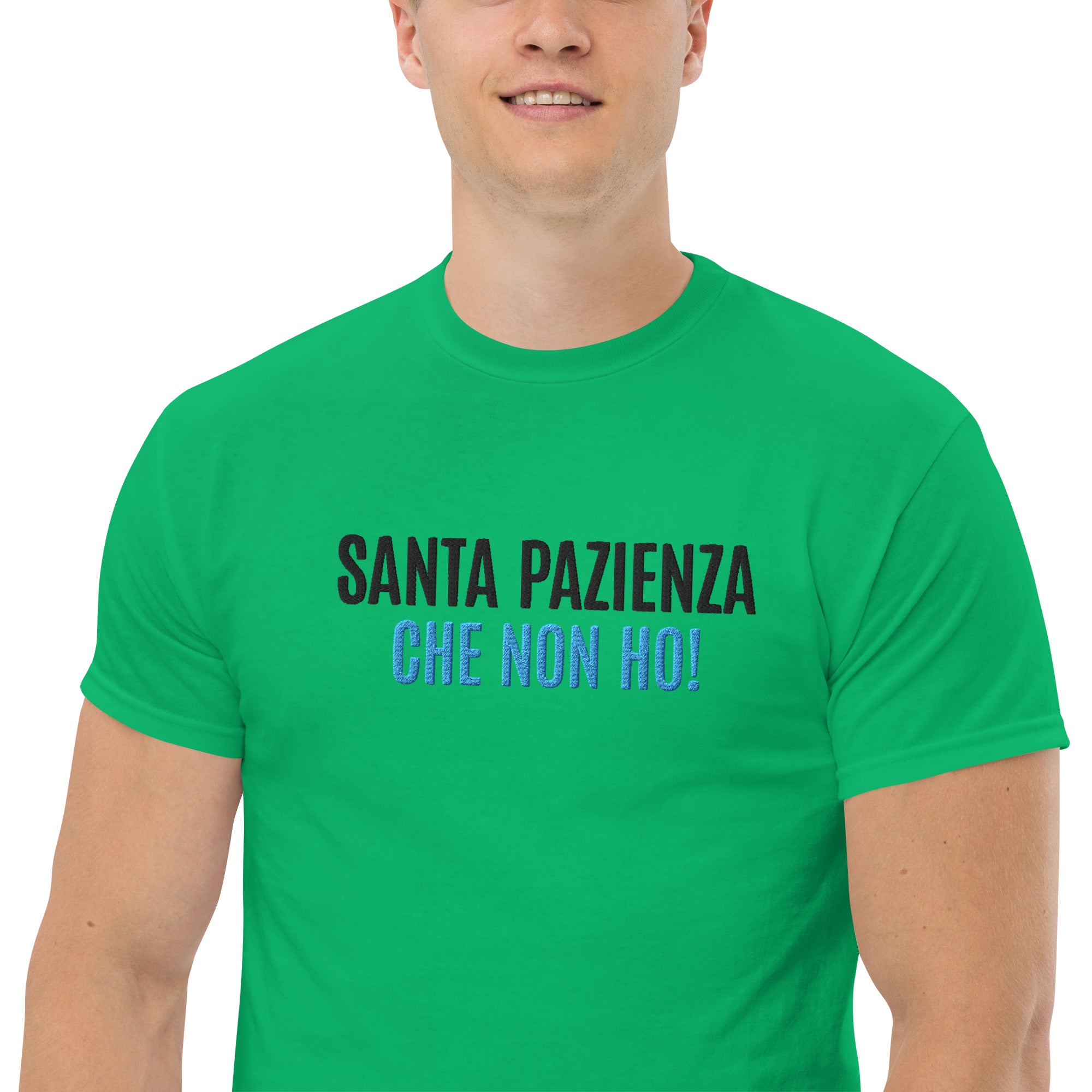 T-Shirt Unisex Ricamata 100% Cotone – Confortevole – Design Santa Pazienza Che non ho!-Biiply