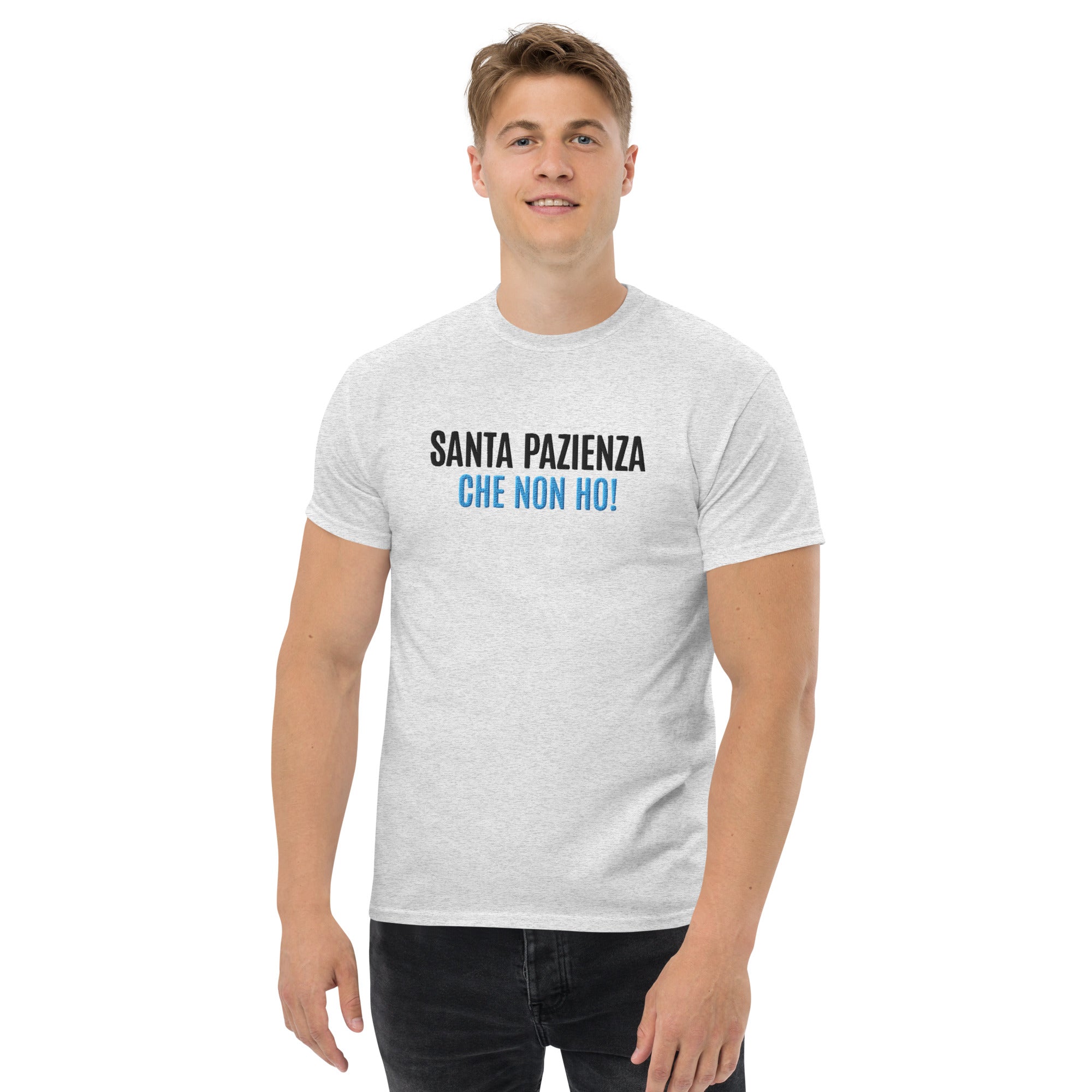 T-Shirt Unisex Ricamata 100% Cotone – Confortevole – Design Santa Pazienza Che non ho!-Biiply
