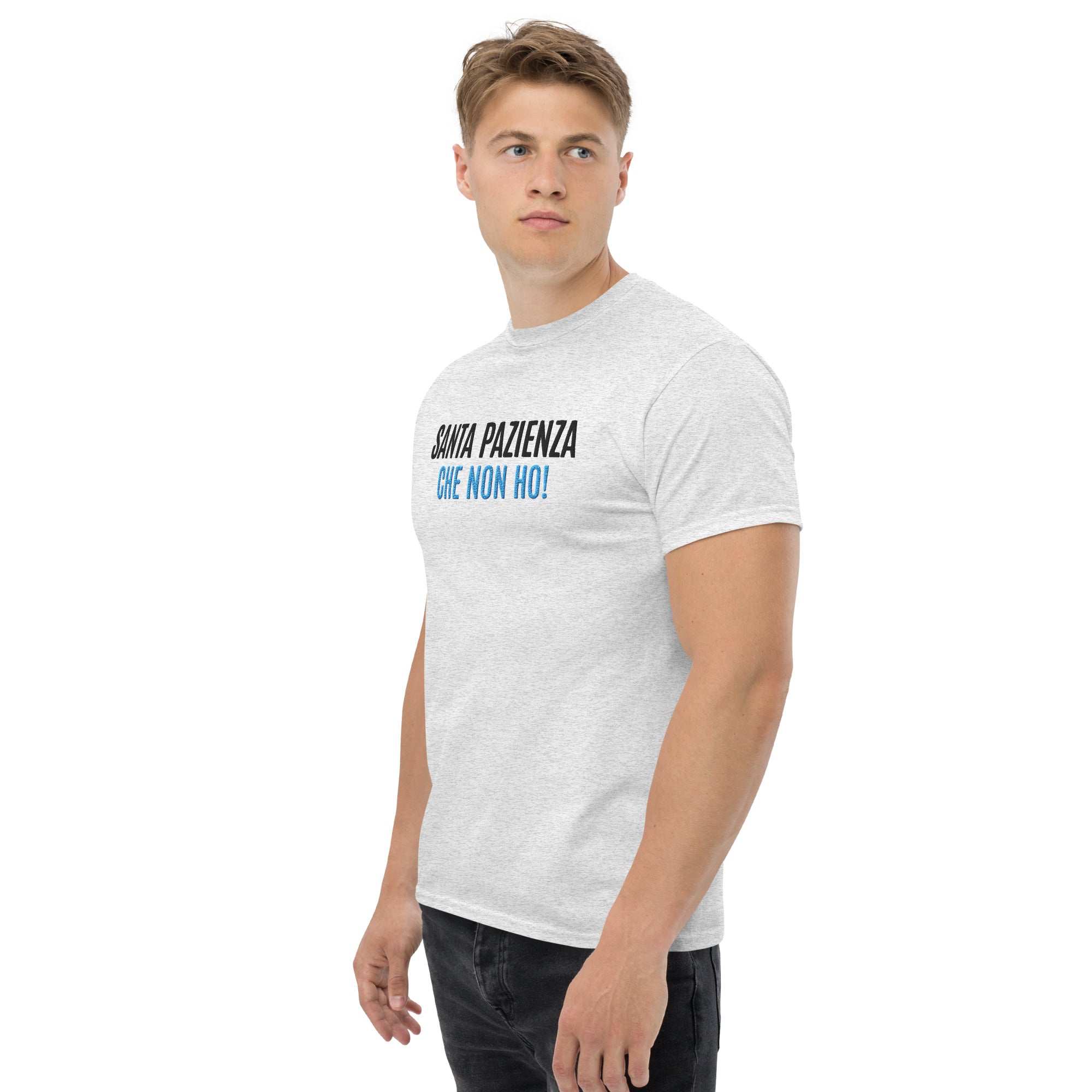 T-Shirt Unisex Ricamata 100% Cotone – Confortevole – Design Santa Pazienza Che non ho!-Biiply