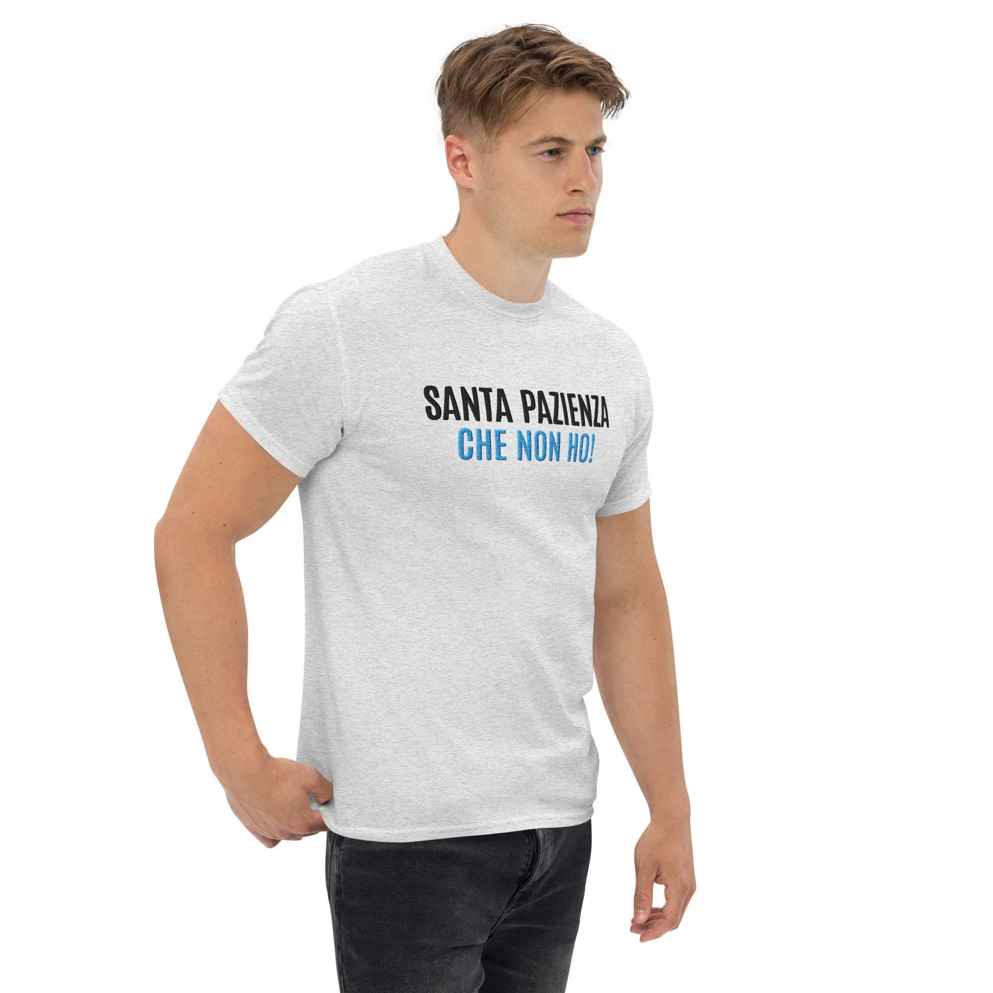 T-Shirt Unisex Ricamata 100% Cotone – Confortevole – Design Santa Pazienza Che non ho!-Biiply