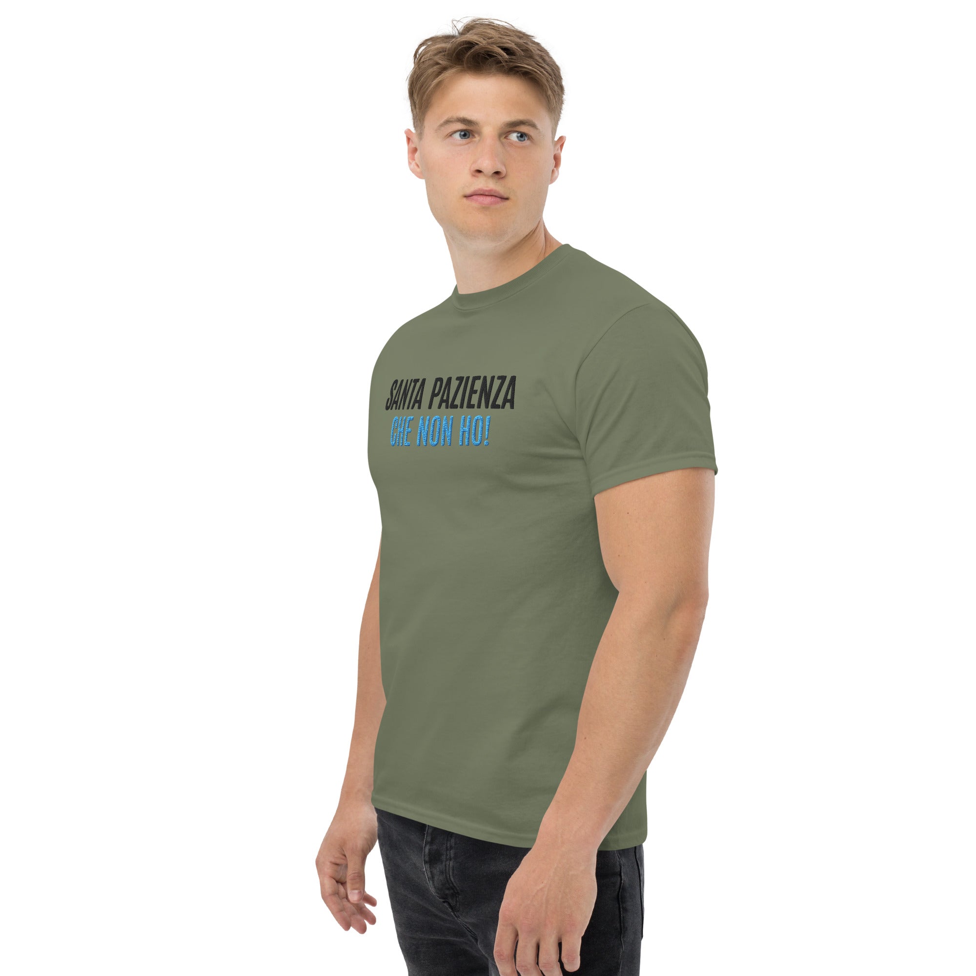 T-Shirt Unisex Ricamata 100% Cotone – Confortevole – Design Santa Pazienza Che non ho!-Biiply