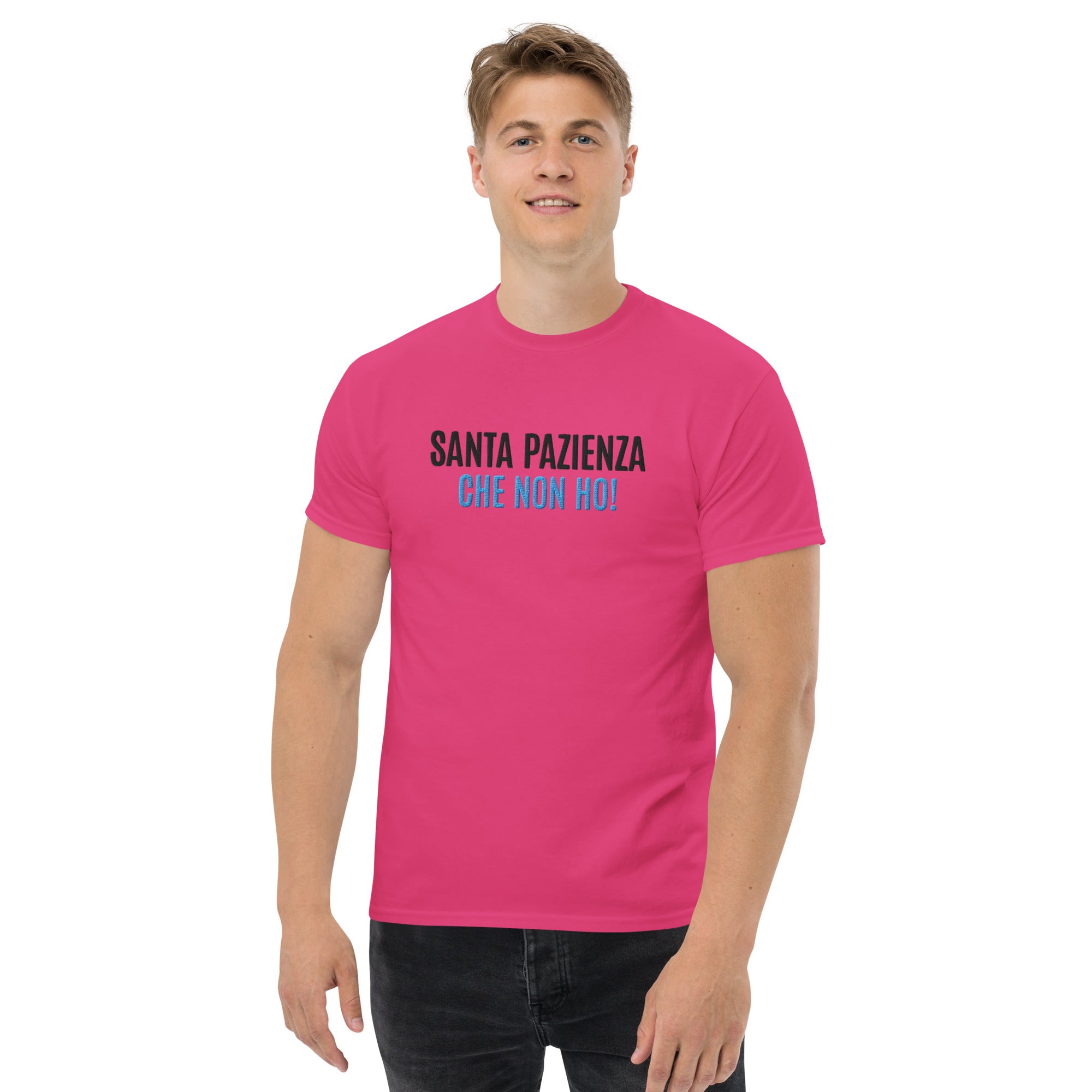 T-Shirt Unisex Ricamata 100% Cotone – Confortevole – Design Santa Pazienza Che non ho!-Biiply