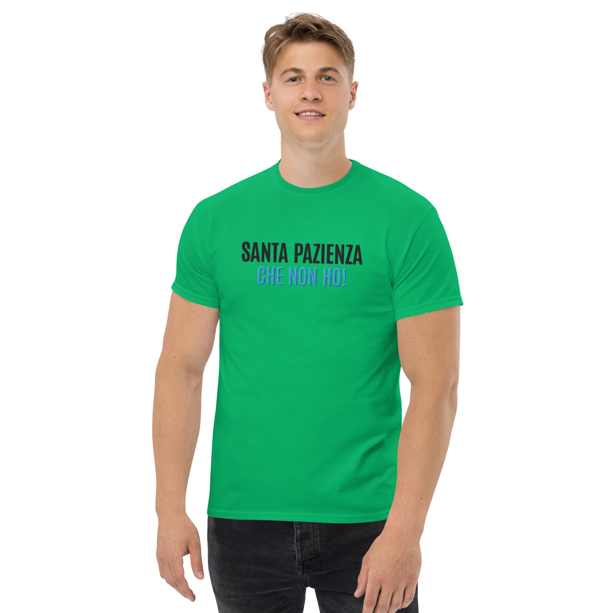 T-Shirt Unisex Ricamata 100% Cotone – Confortevole – Design Santa Pazienza Che non ho!-Biiply