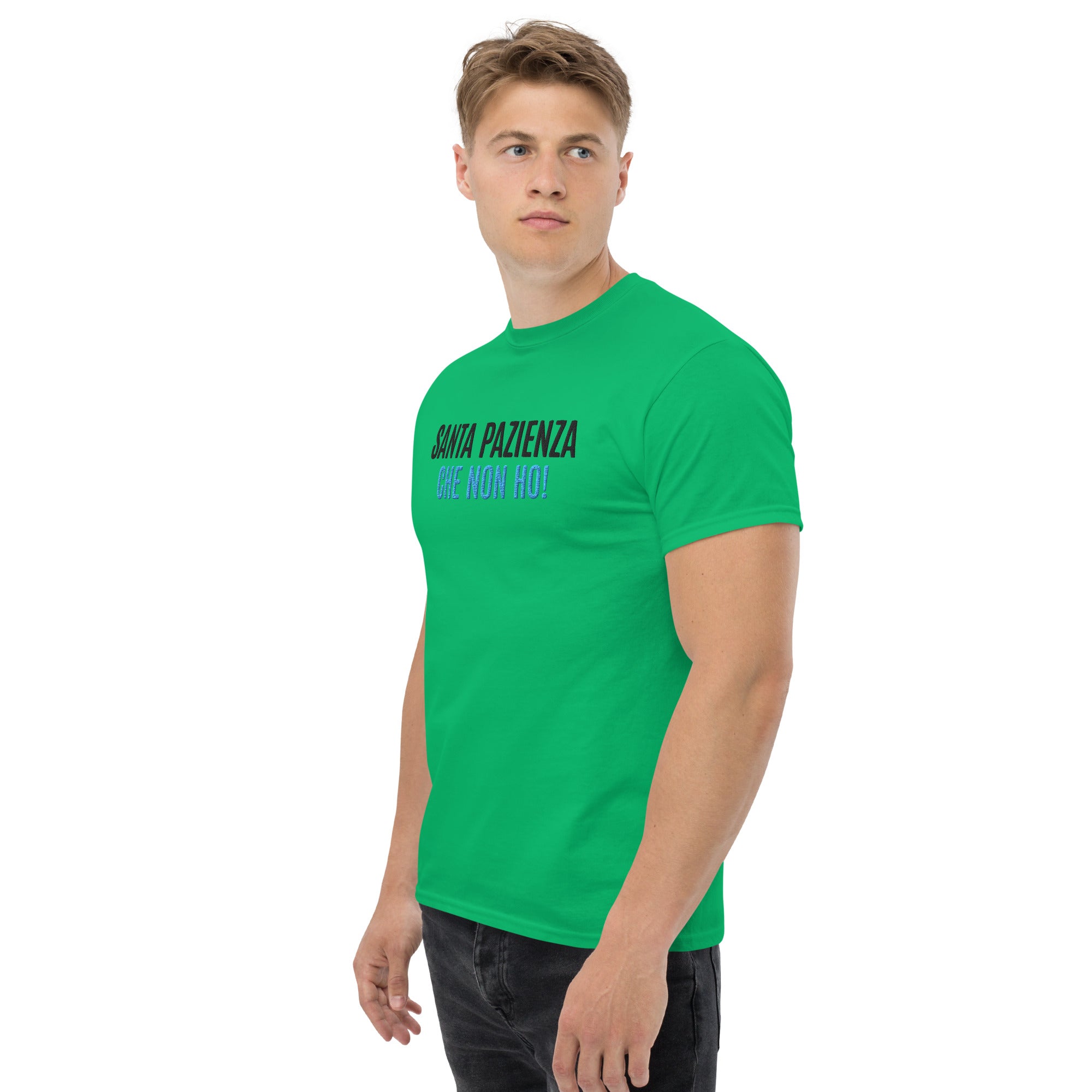 T-Shirt Unisex Ricamata 100% Cotone – Confortevole – Design Santa Pazienza Che non ho!-Biiply