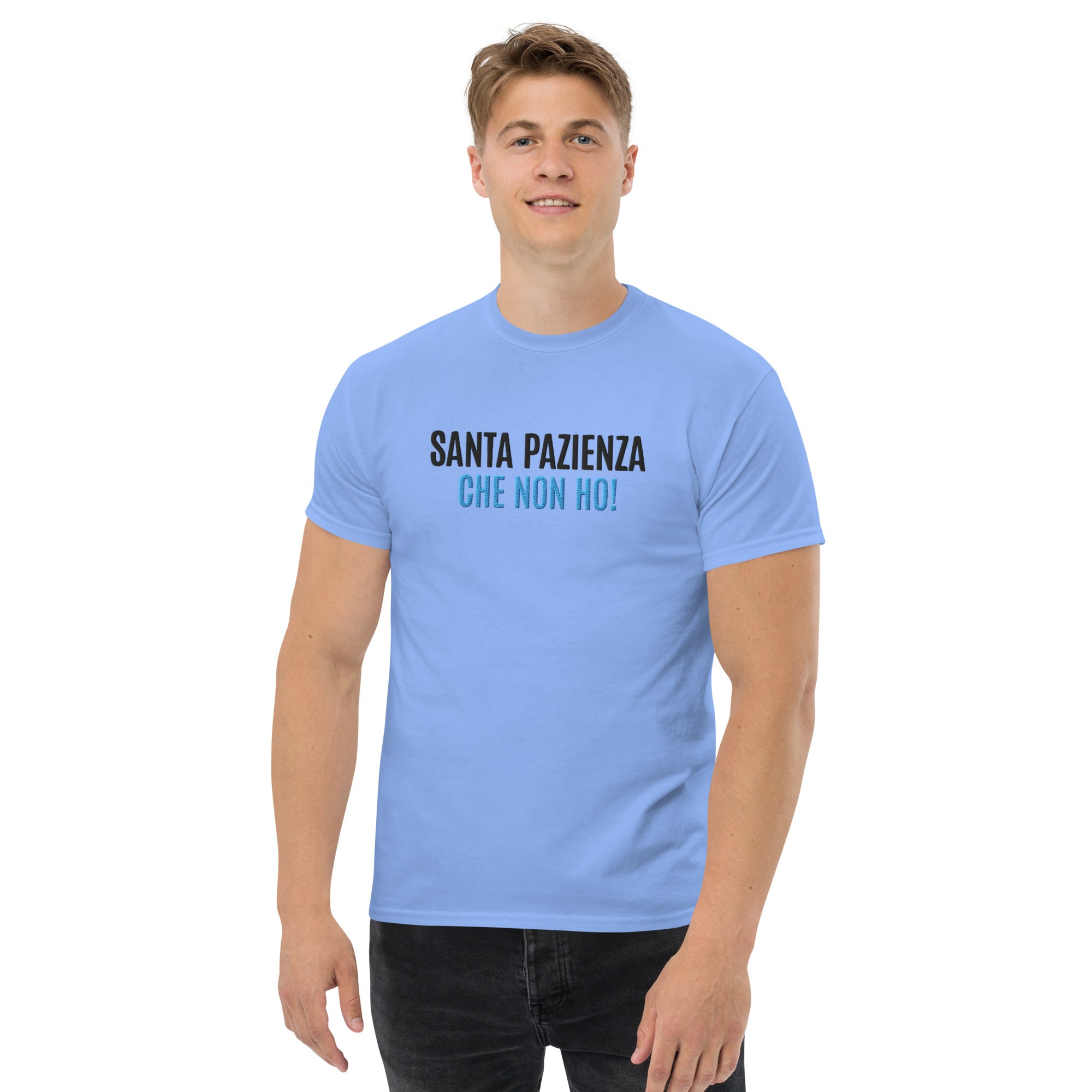 T-Shirt Unisex Ricamata 100% Cotone – Confortevole – Design Santa Pazienza Che non ho!-Biiply