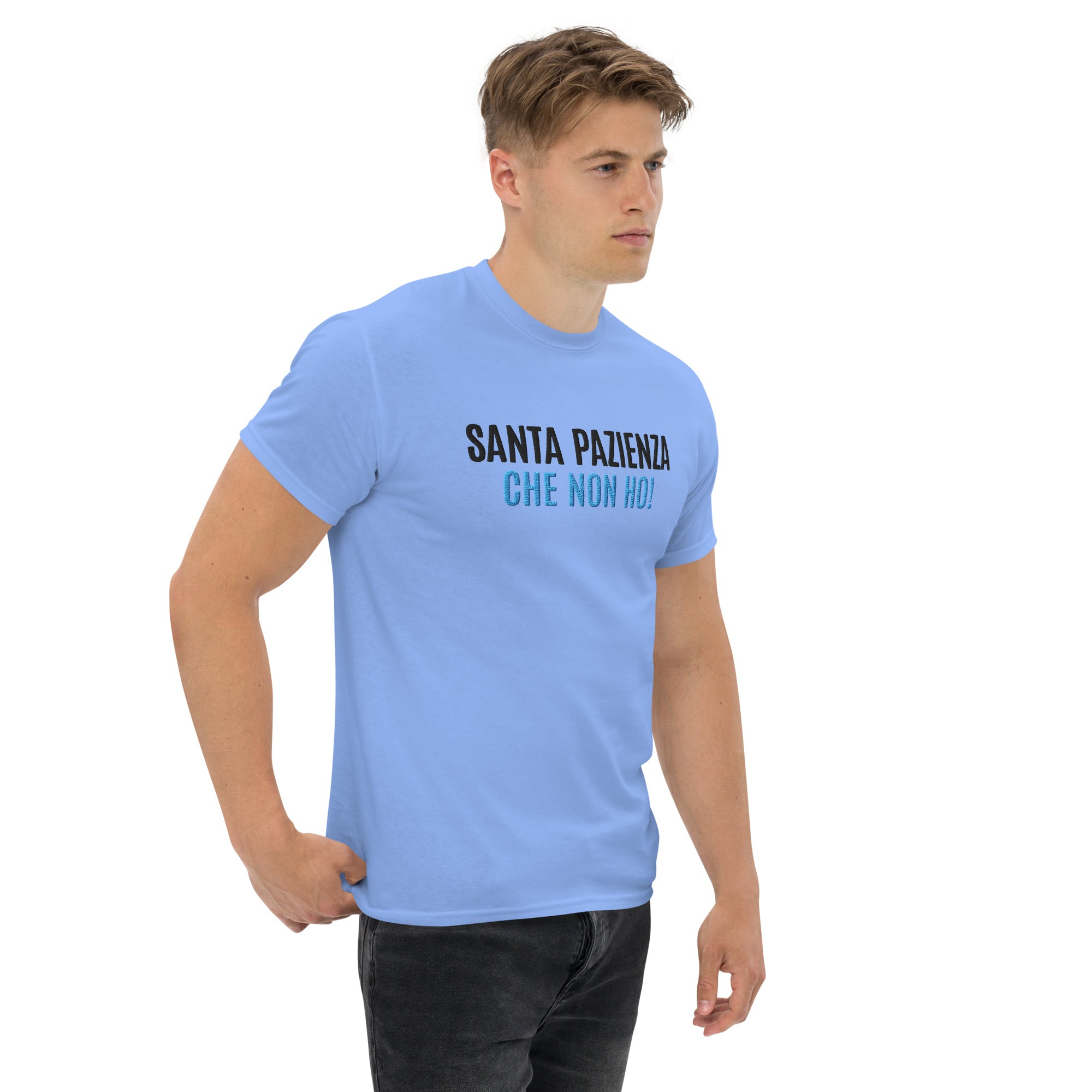 T-Shirt Unisex Ricamata 100% Cotone – Confortevole – Design Santa Pazienza Che non ho!-Biiply