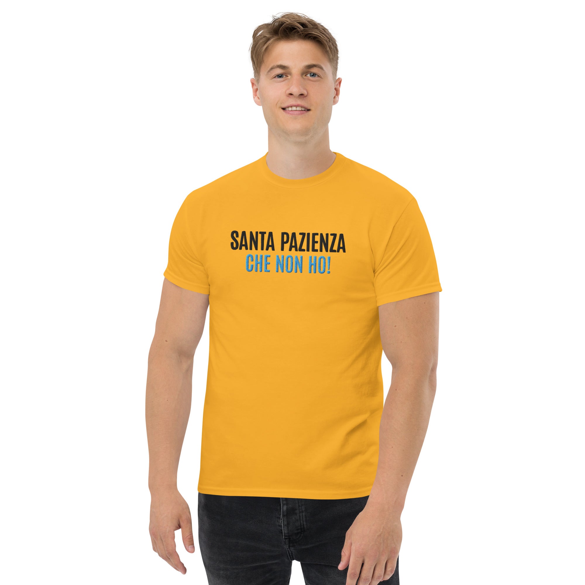 T-Shirt Unisex Ricamata 100% Cotone – Confortevole – Design Santa Pazienza Che non ho!-Biiply