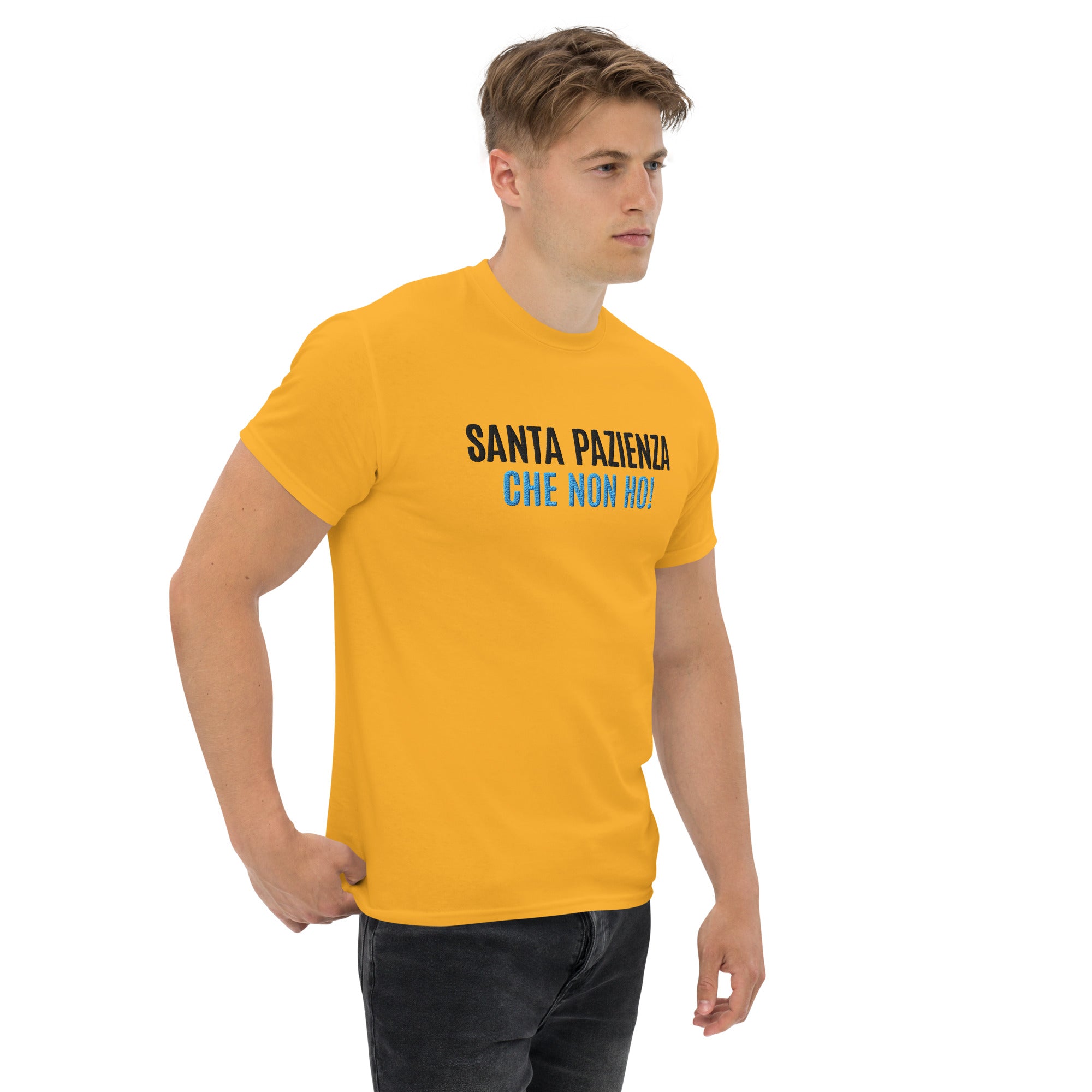T-Shirt Unisex Ricamata 100% Cotone – Confortevole – Design Santa Pazienza Che non ho!-Biiply