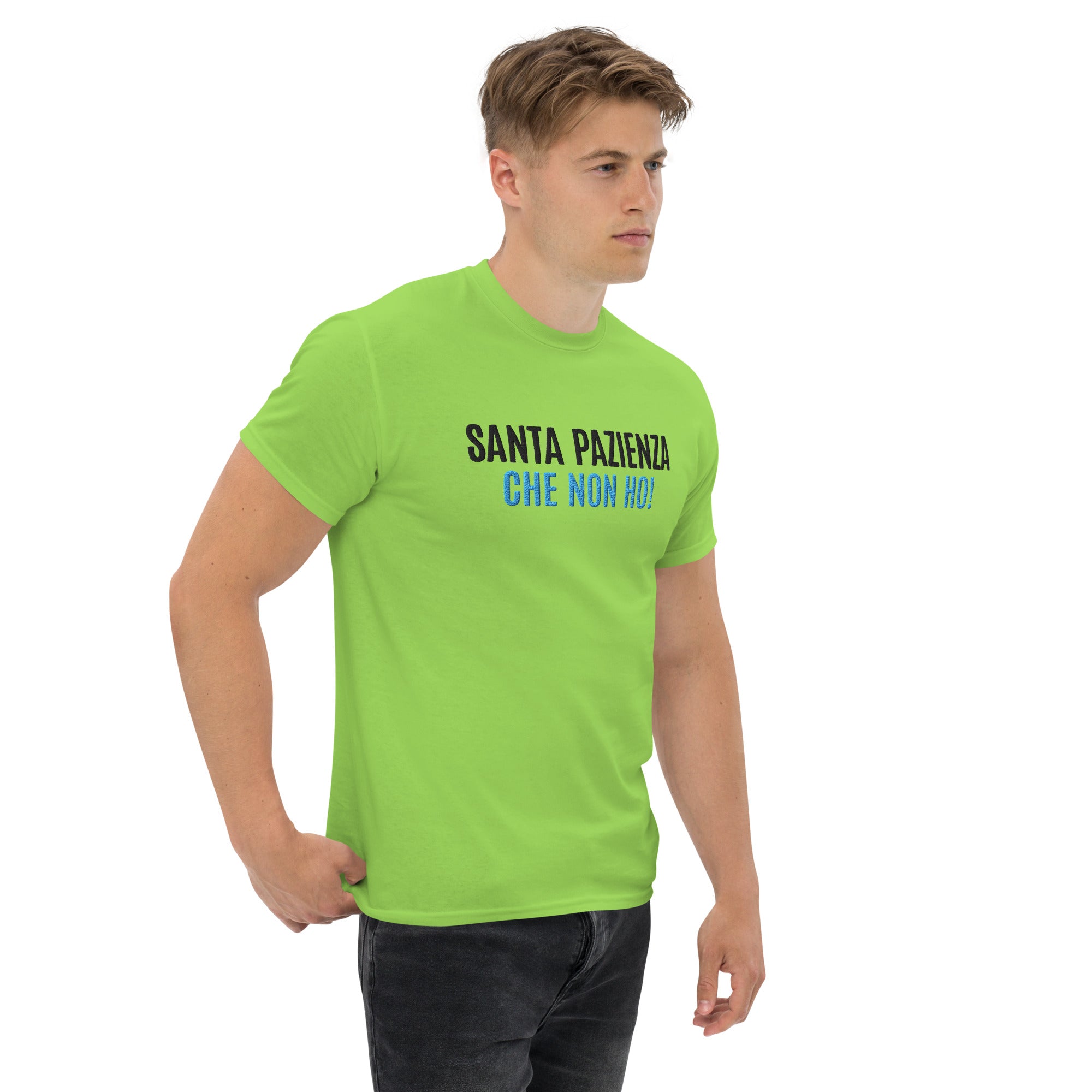 T-Shirt Unisex Ricamata 100% Cotone – Confortevole – Design Santa Pazienza Che non ho!-Biiply