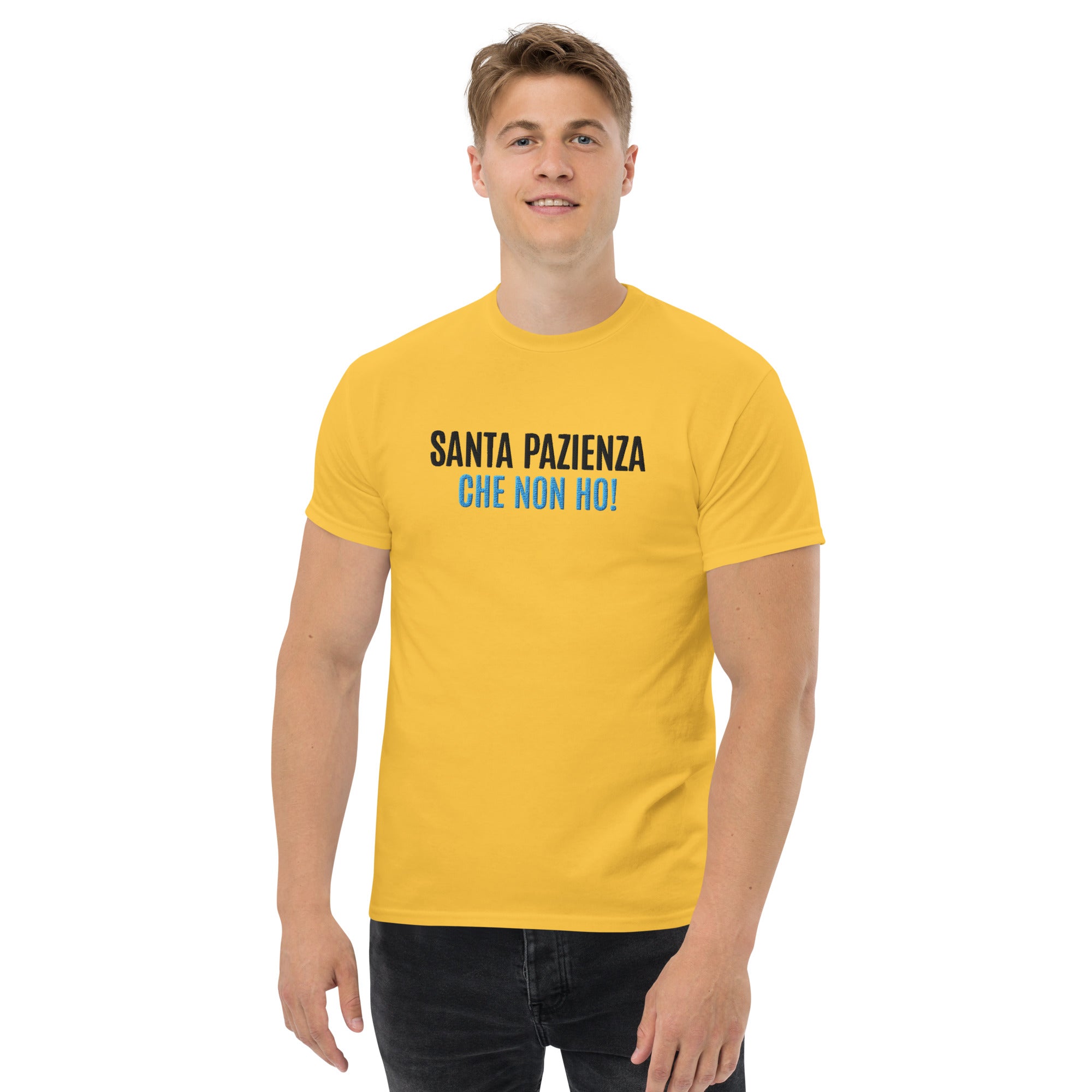 T-Shirt Unisex Ricamata 100% Cotone – Confortevole – Design Santa Pazienza Che non ho!-Biiply