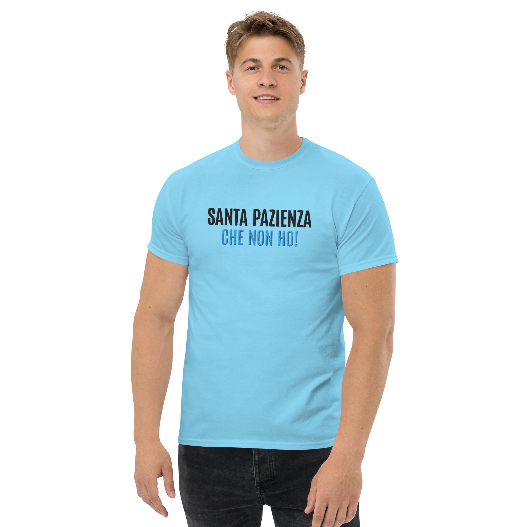 T-Shirt Unisex Ricamata 100% Cotone – Confortevole – Design Santa Pazienza Che non ho!-Biiply