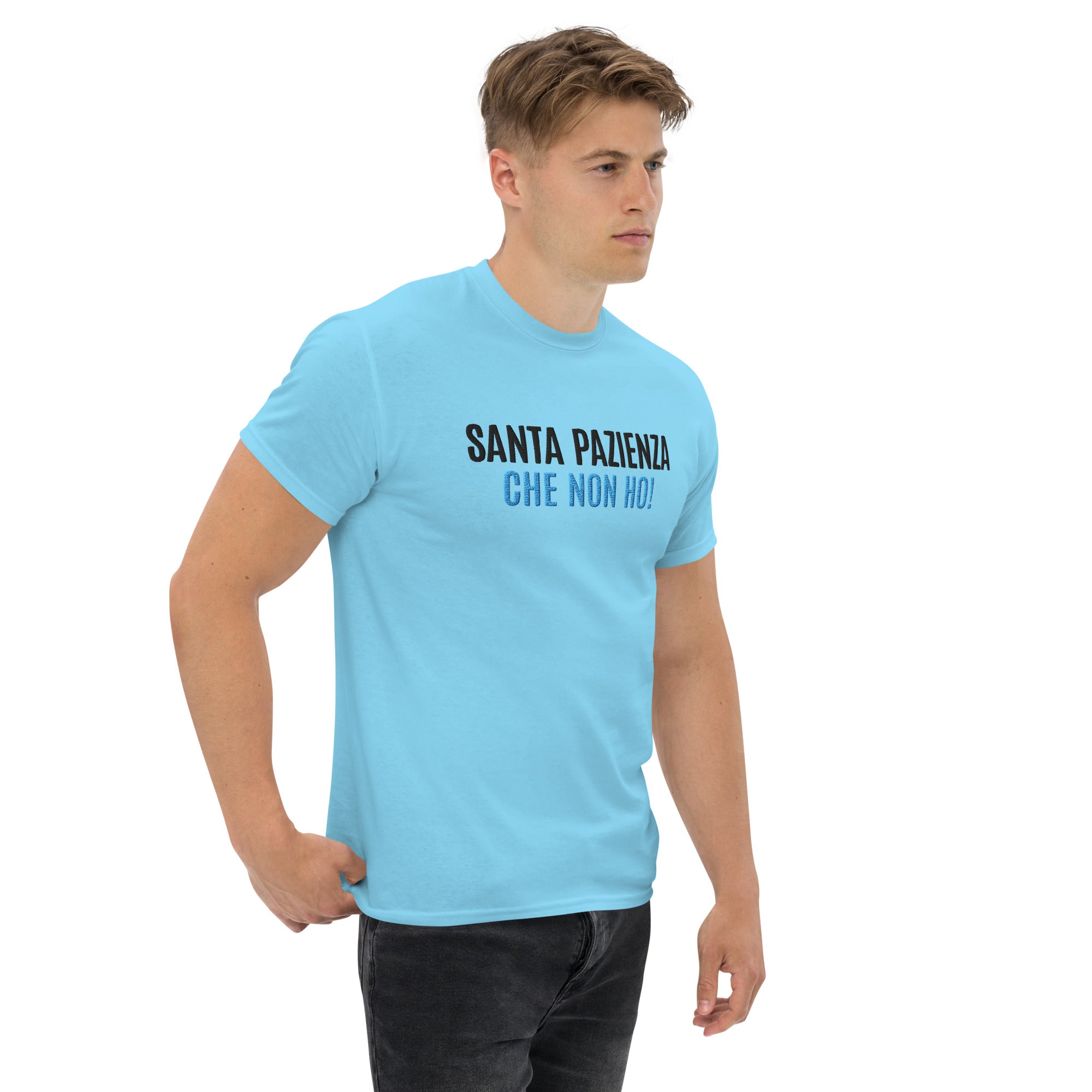 T-Shirt Unisex Ricamata 100% Cotone – Confortevole – Design Santa Pazienza Che non ho!-Biiply