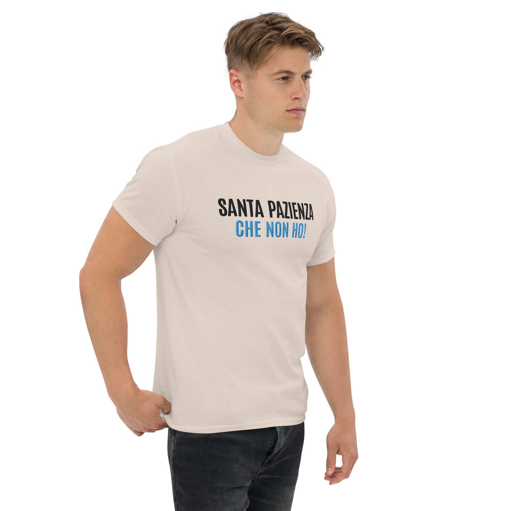 T-Shirt Unisex Ricamata 100% Cotone – Confortevole – Design Santa Pazienza Che non ho!-Biiply