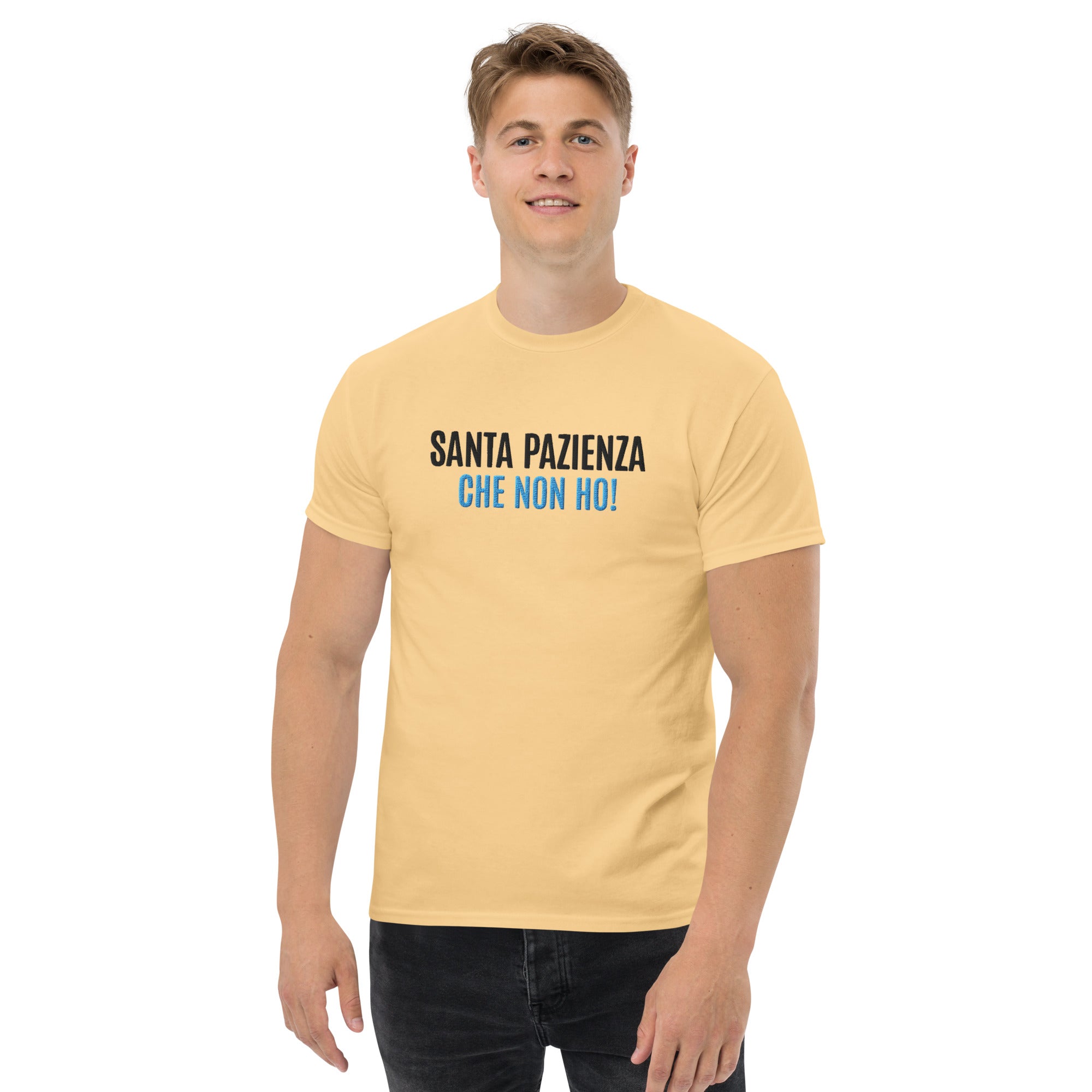 T-Shirt Unisex Ricamata 100% Cotone – Confortevole – Design Santa Pazienza Che non ho!-Biiply