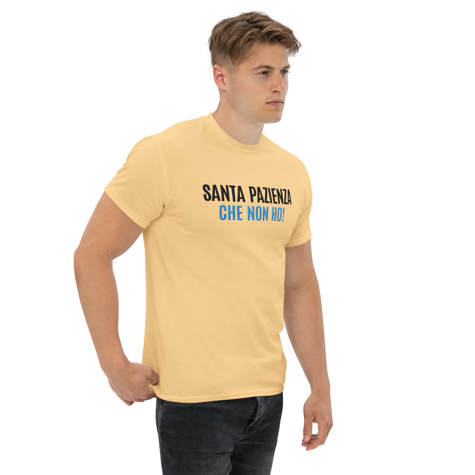 T-Shirt Unisex Ricamata 100% Cotone – Confortevole – Design Santa Pazienza Che non ho!-Biiply
