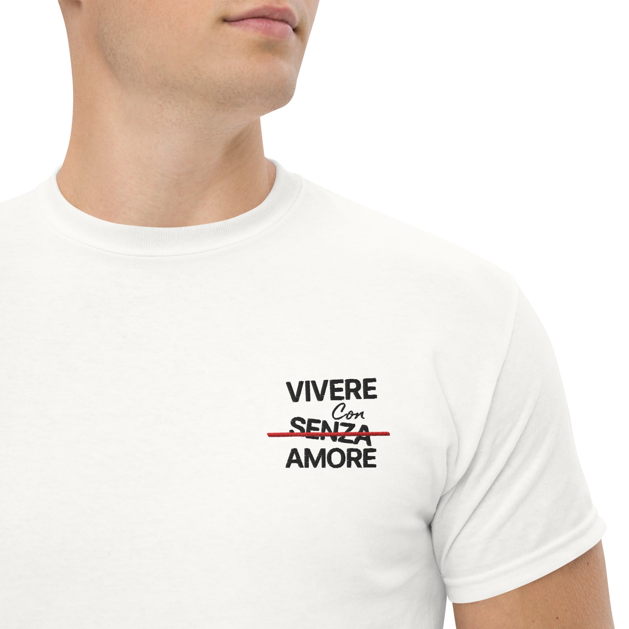 T-Shirt Unisex Ricamata 100% Cotone – Confortevole – Design Vivere Senza Amore-Biiply