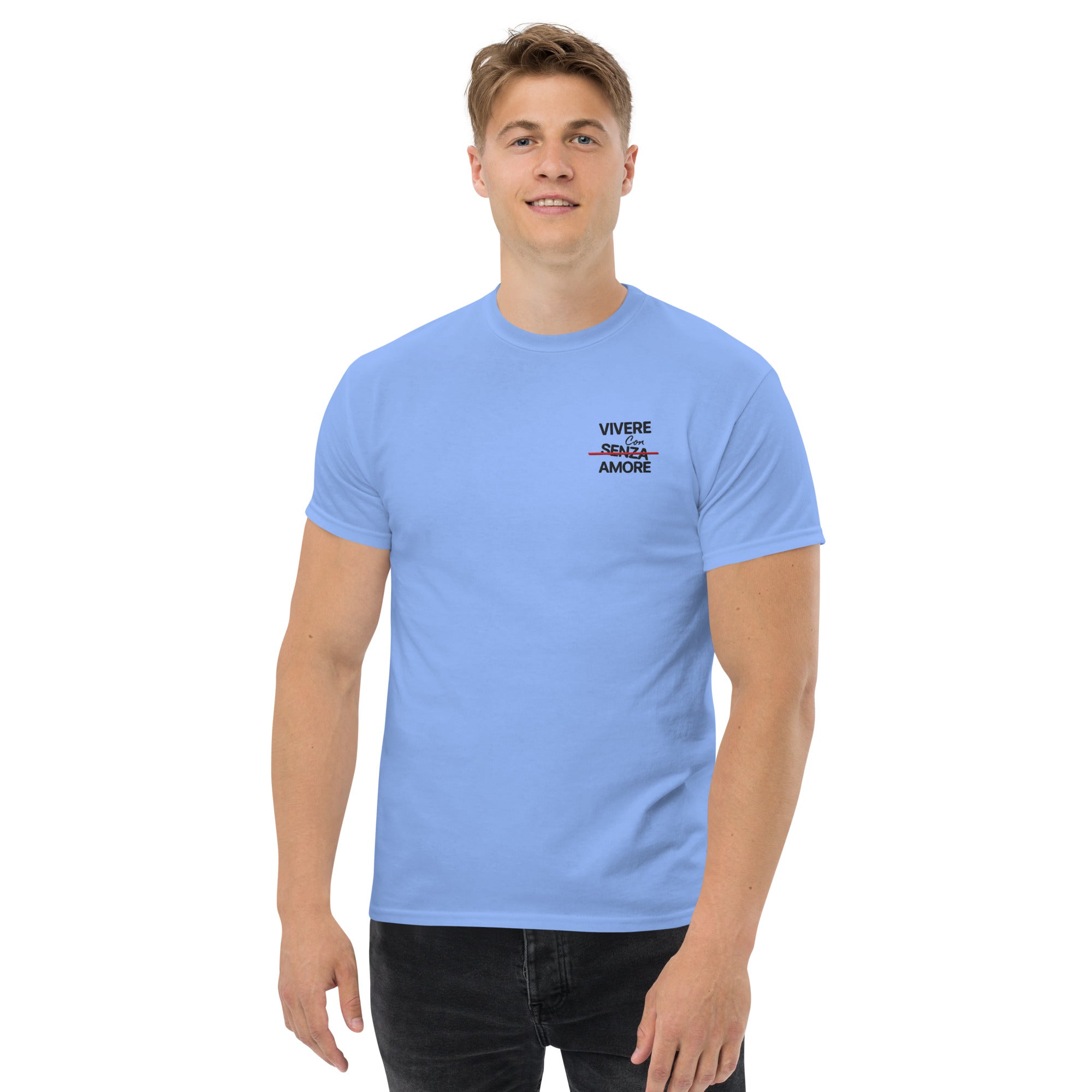 T-Shirt Unisex Ricamata 100% Cotone – Confortevole – Design Vivere Senza Amore-Biiply