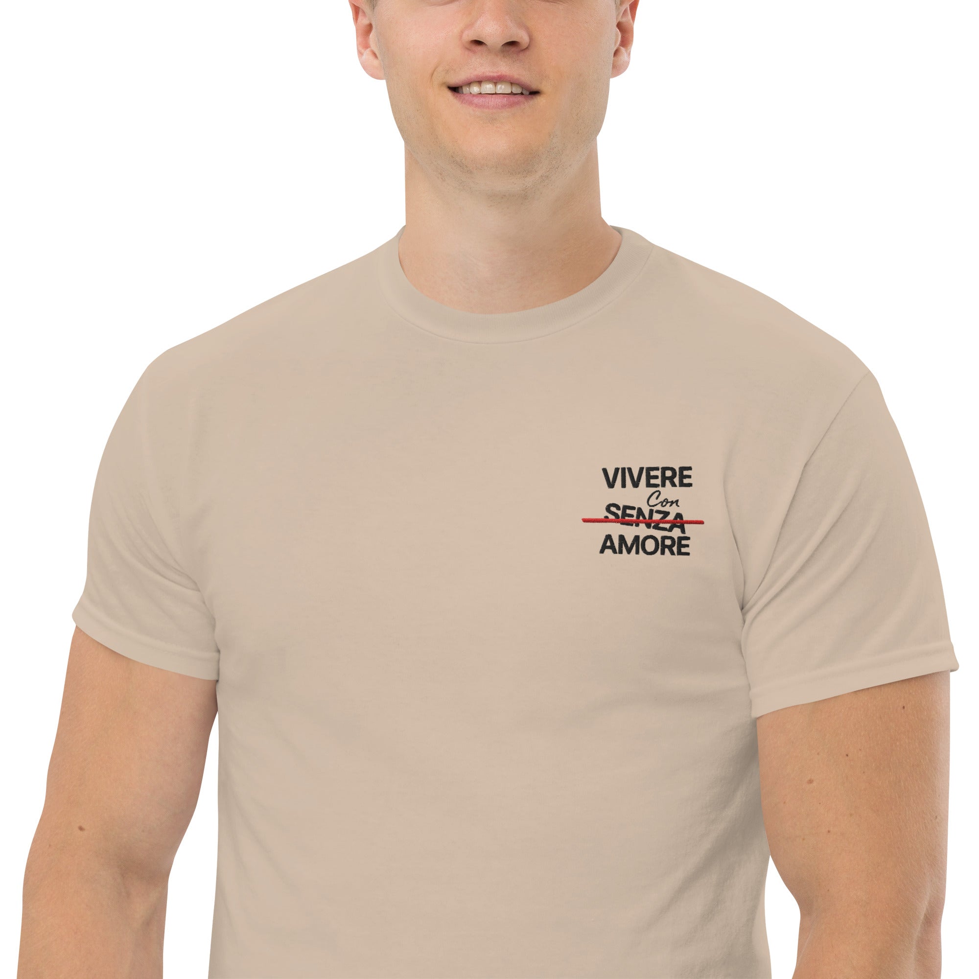 T-Shirt Unisex Ricamata 100% Cotone – Confortevole – Design Vivere Senza Amore-Biiply
