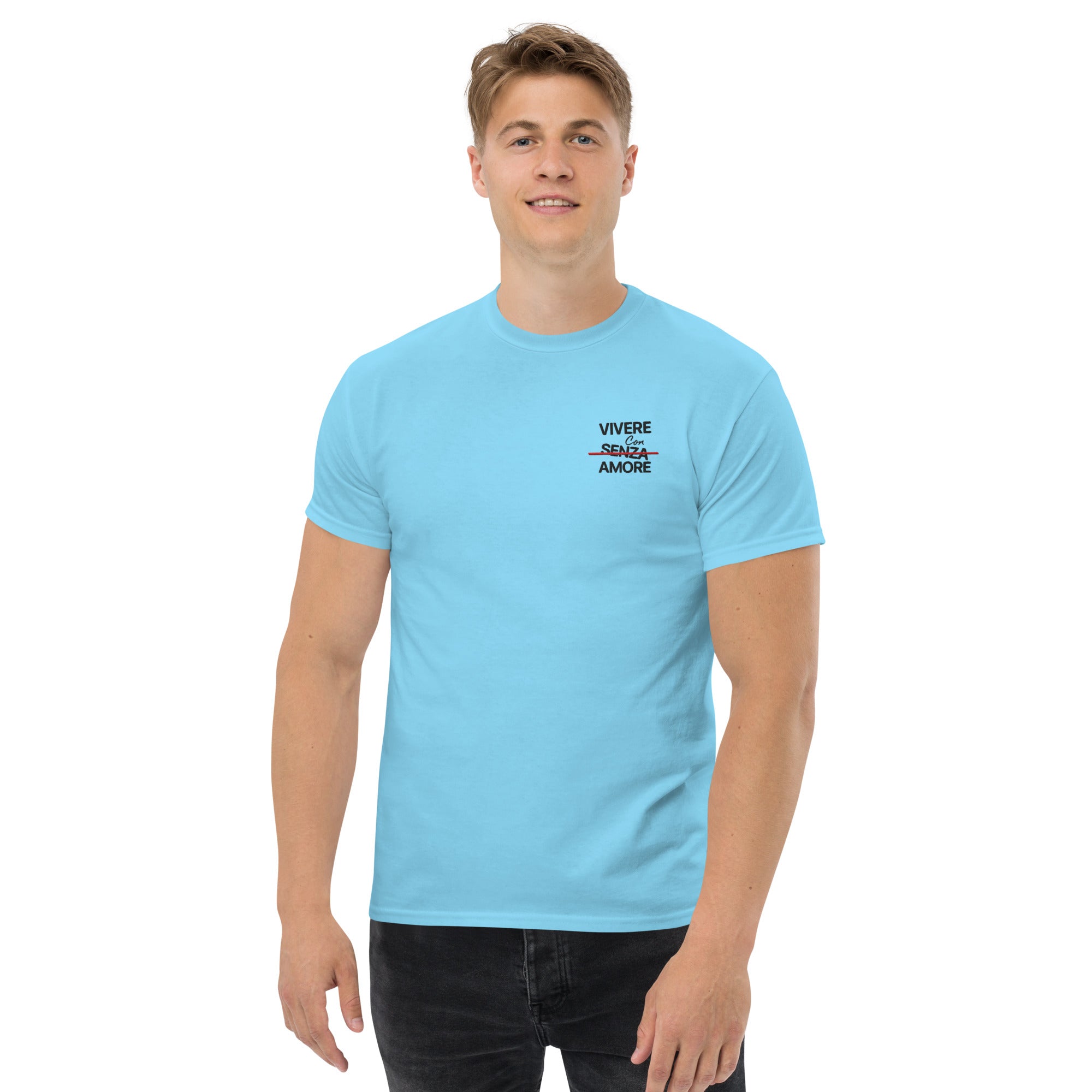 T-Shirt Unisex Ricamata 100% Cotone – Confortevole – Design Vivere Senza Amore-Biiply