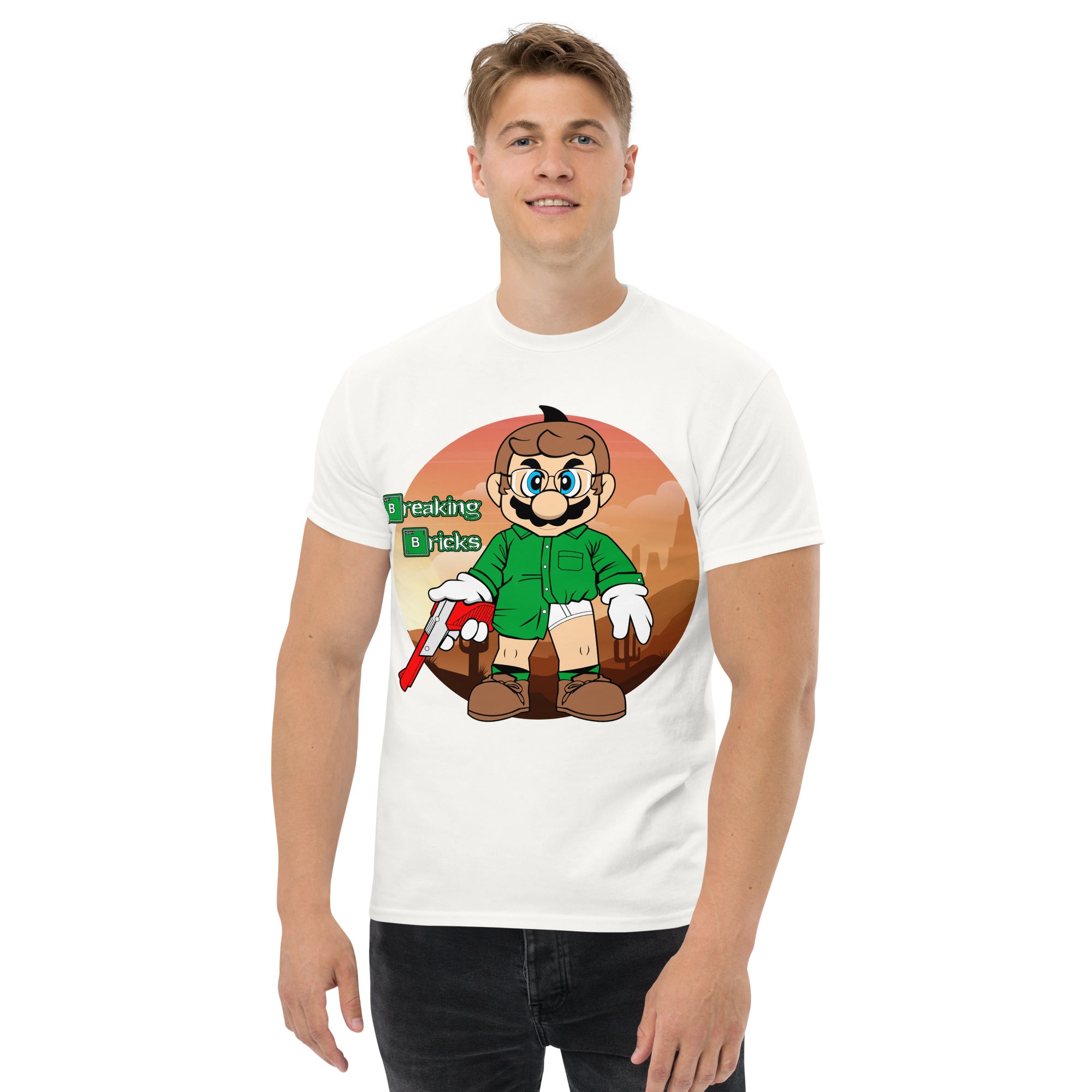 T-Shirt Unisex Stampata 100% Cotone – Confortevole – Design Mario Breaking Bricks-Biiply
