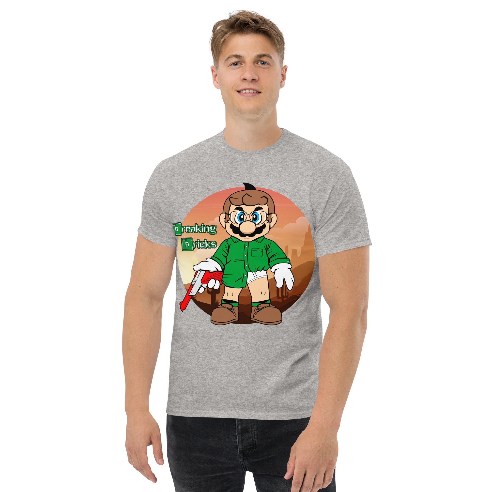 T-Shirt Unisex Stampata 100% Cotone – Confortevole – Design Mario Breaking Bricks-Biiply