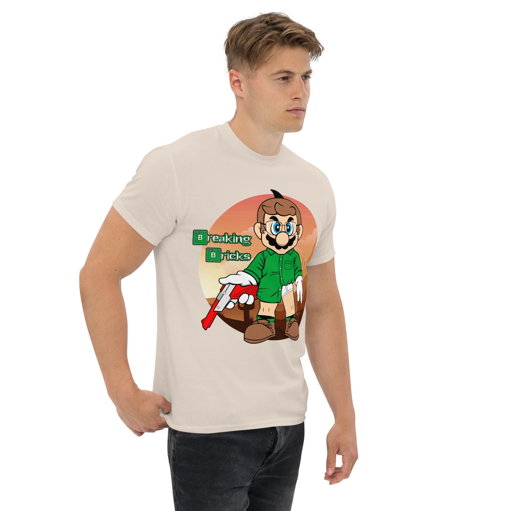 T-Shirt Unisex Stampata 100% Cotone – Confortevole – Design Mario Breaking Bricks-Biiply