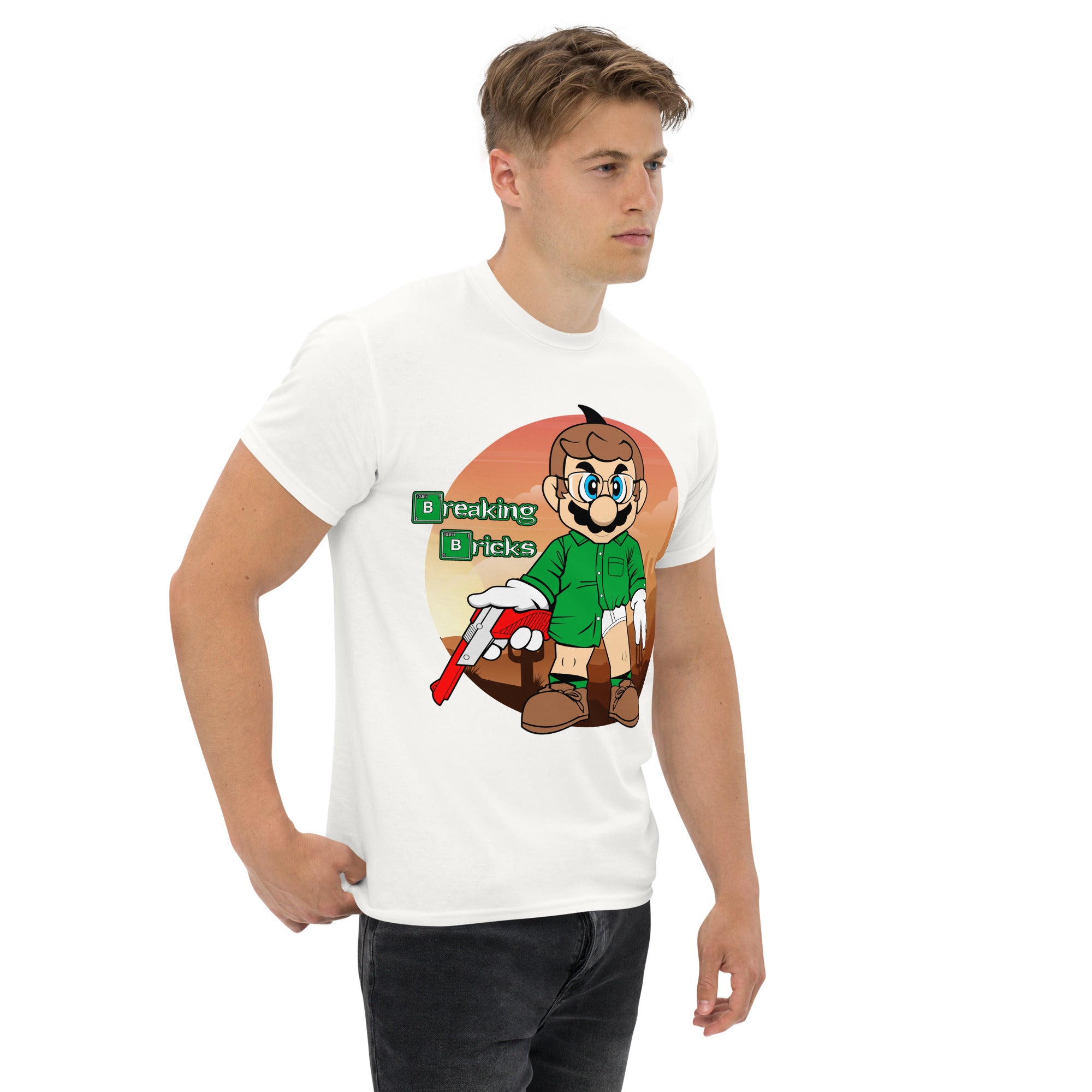 T-Shirt Unisex Stampata 100% Cotone – Confortevole – Design Mario Breaking Bricks-Biiply