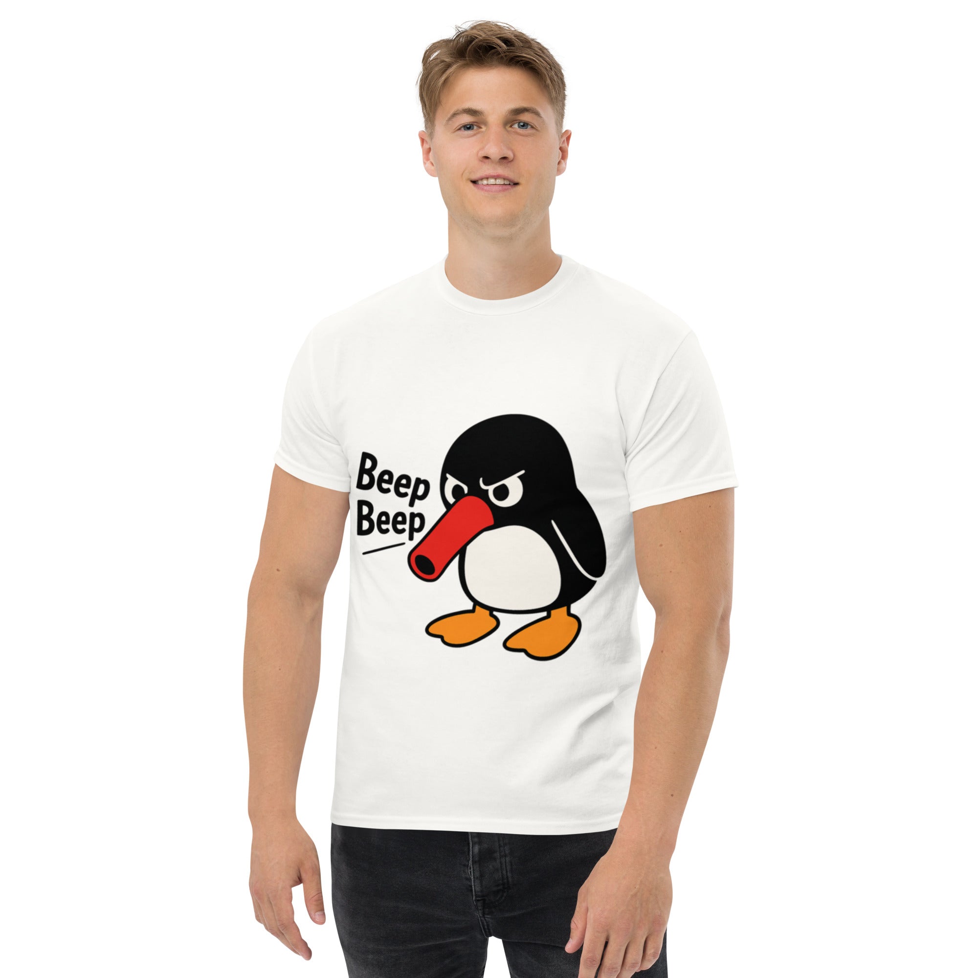 T-Shirt Unisex Stampata 100% Cotone – Confortevole – Design Pinguino Arrabbiato Beep Beep-Biiply
