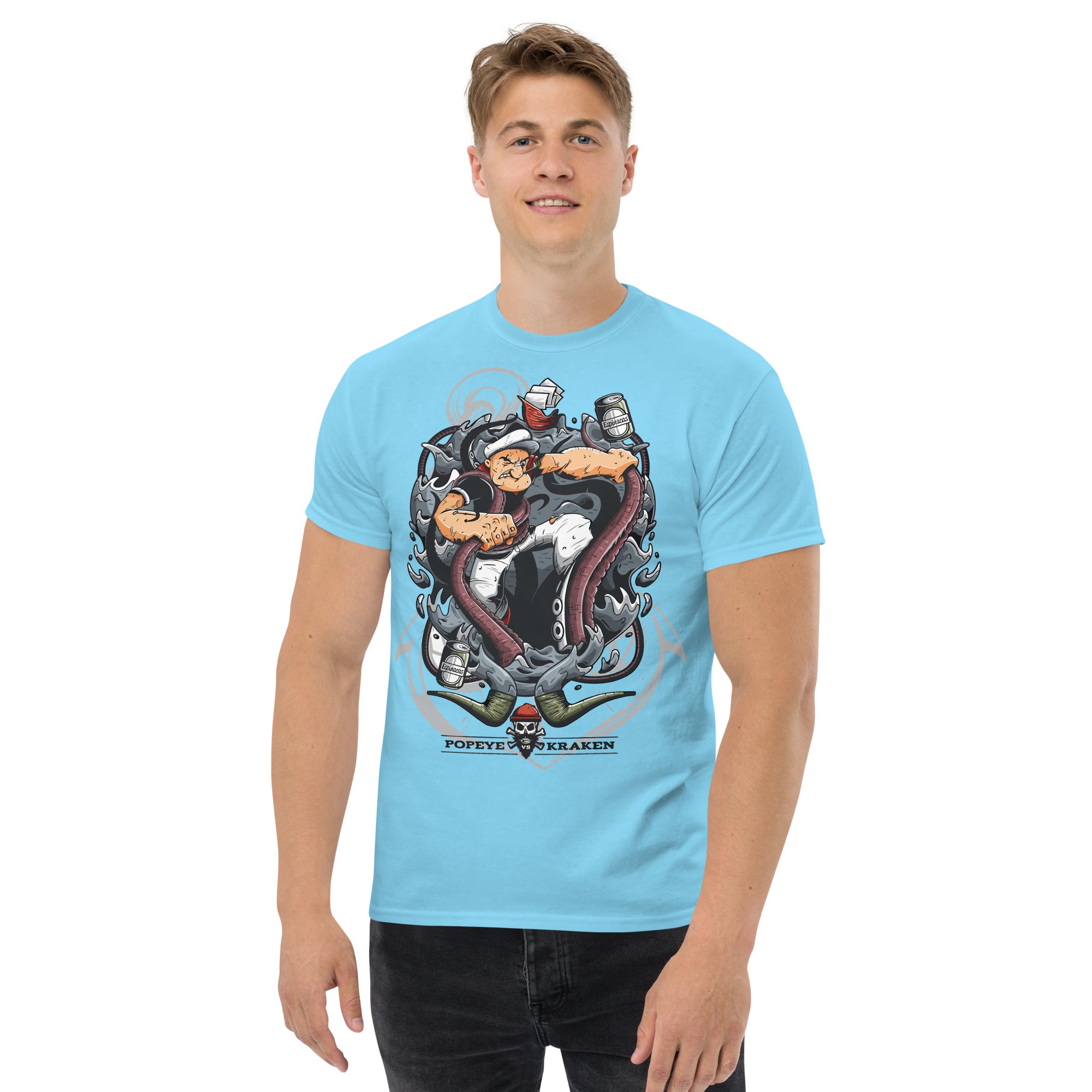 T-Shirt Unisex Stampata 100% Cotone – Confortevole – Design Popeye Vs Kraken-Biiply