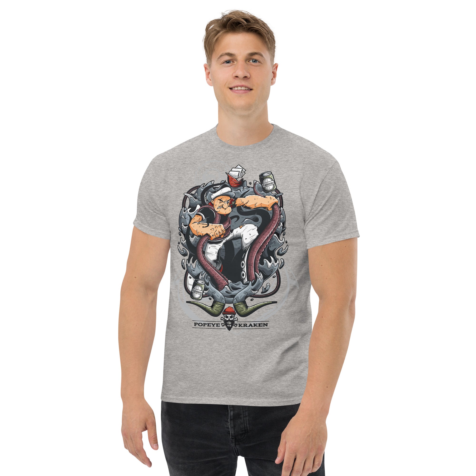 T-Shirt Unisex Stampata 100% Cotone – Confortevole – Design Popeye Vs Kraken-Biiply