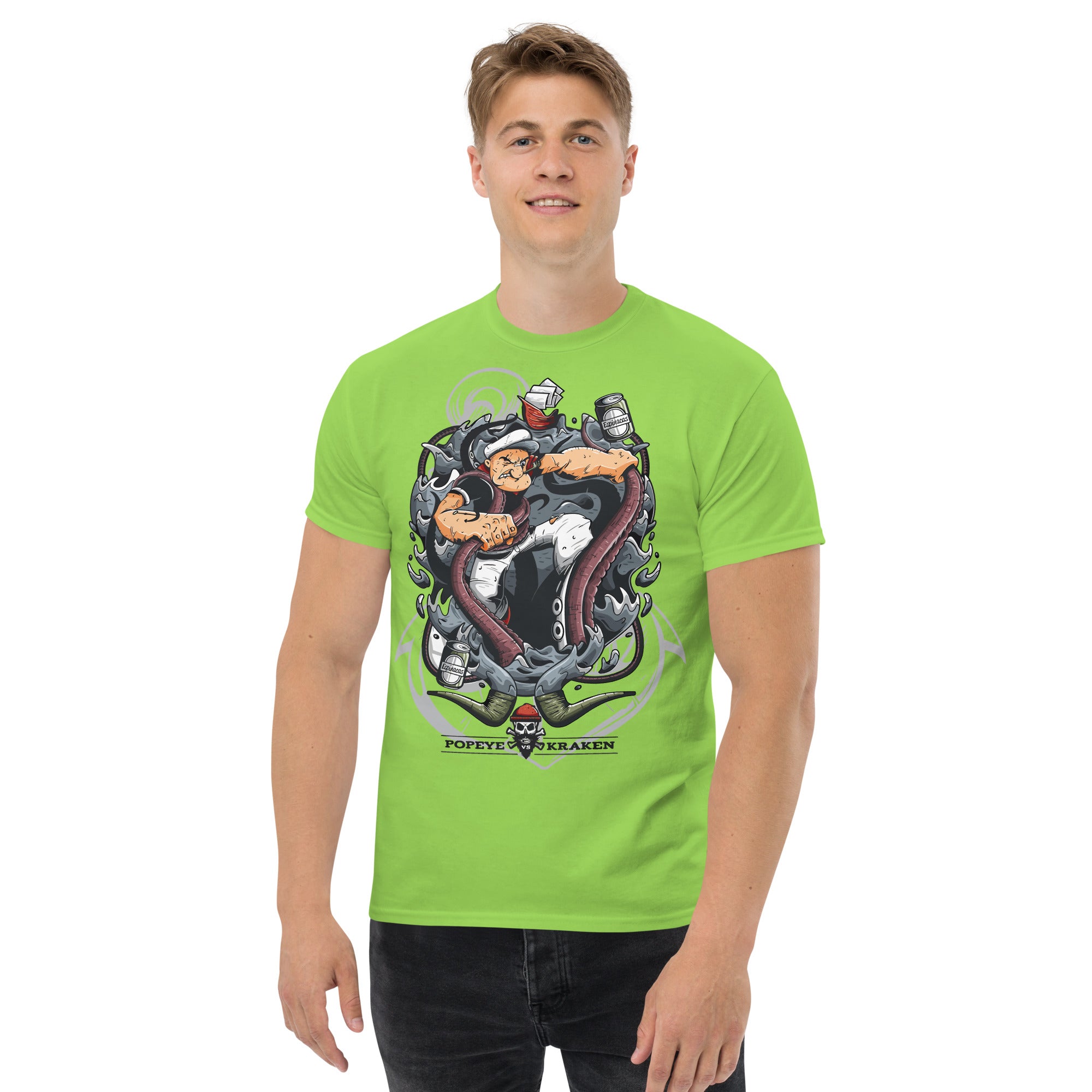 T-Shirt Unisex Stampata 100% Cotone – Confortevole – Design Popeye Vs Kraken-Biiply