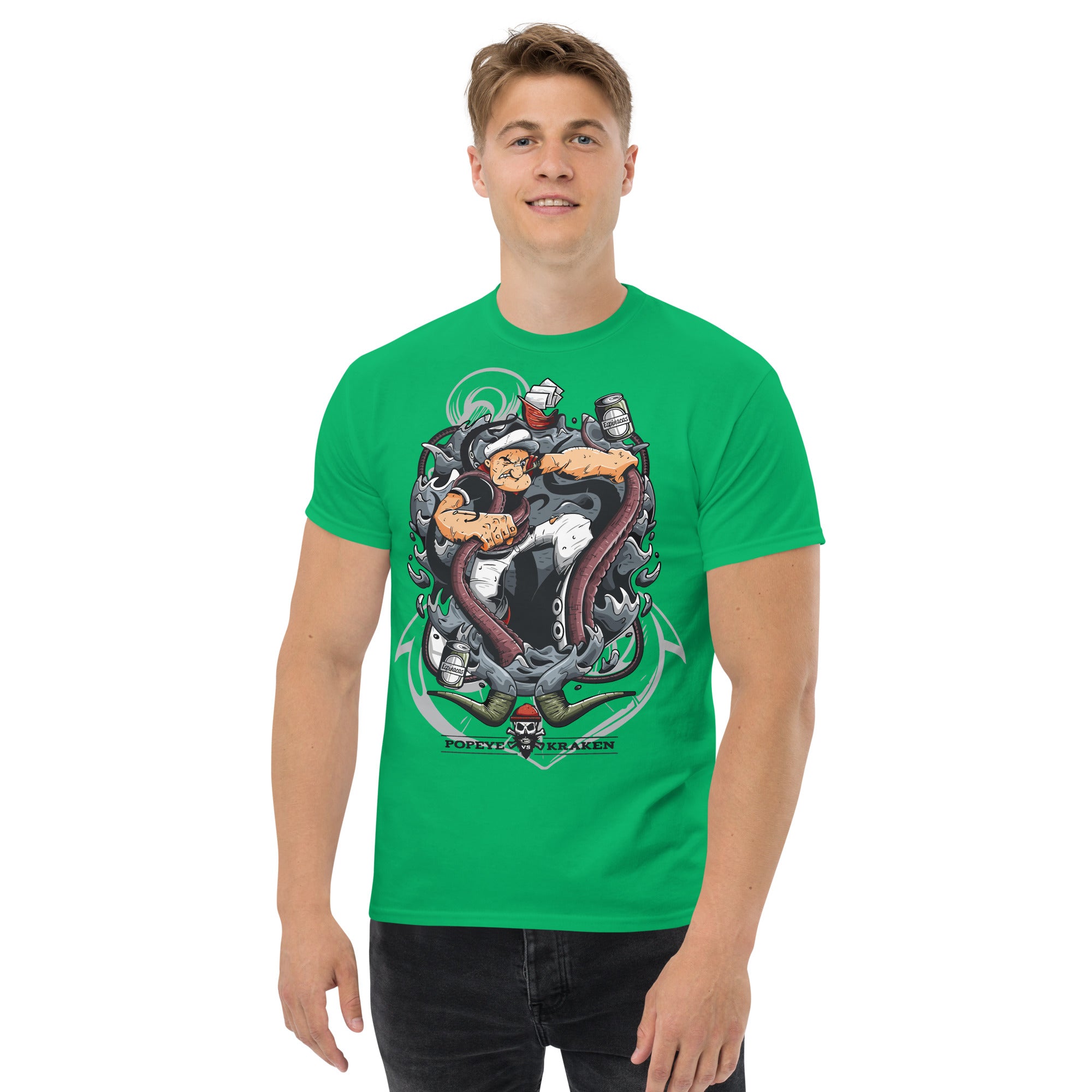 T-Shirt Unisex Stampata 100% Cotone – Confortevole – Design Popeye Vs Kraken-Biiply