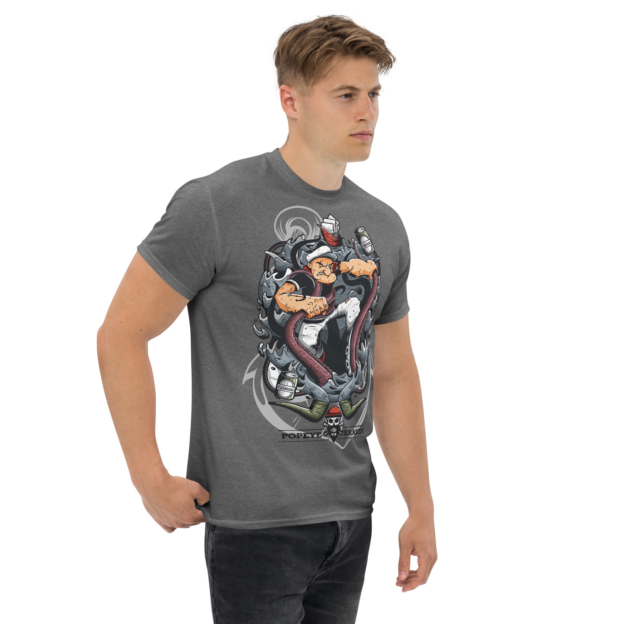T-Shirt Unisex Stampata 100% Cotone – Confortevole – Design Popeye Vs Kraken-Biiply