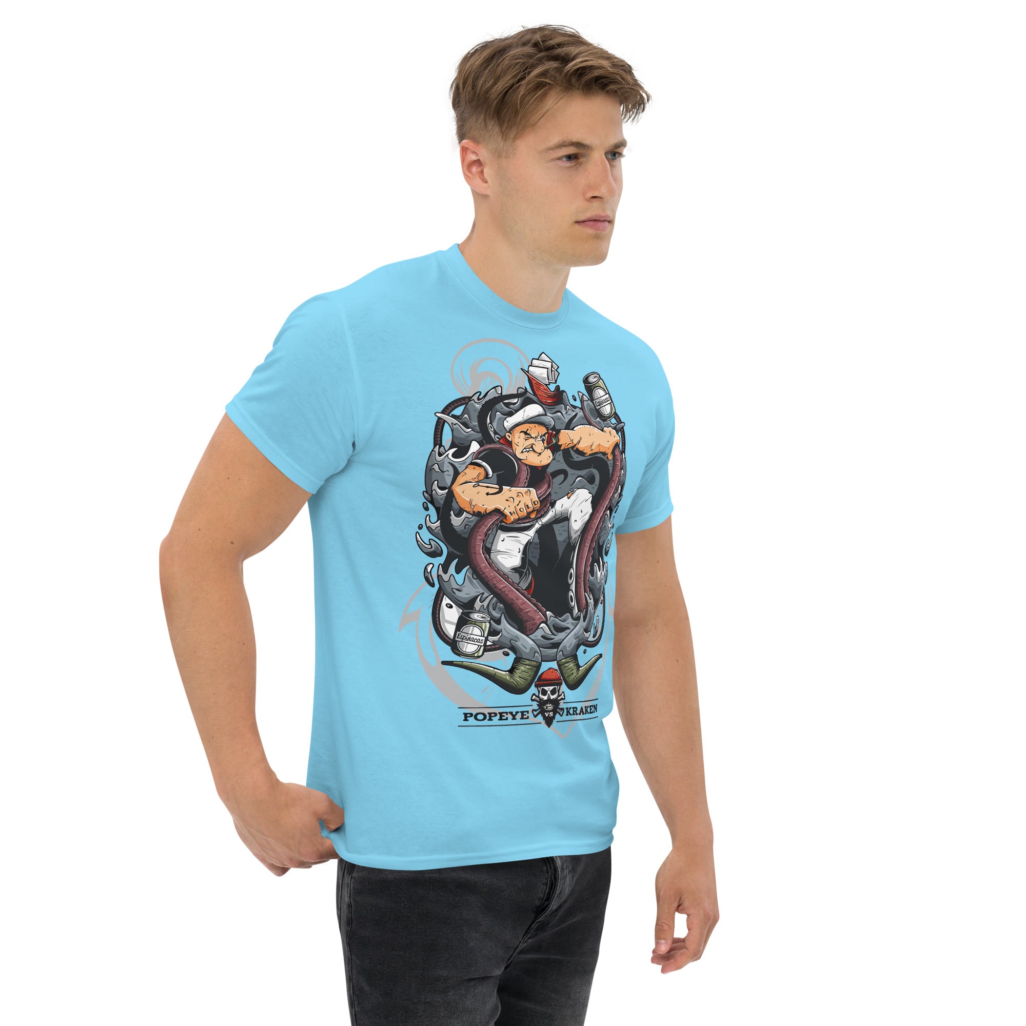 T-Shirt Unisex Stampata 100% Cotone – Confortevole – Design Popeye Vs Kraken-Biiply