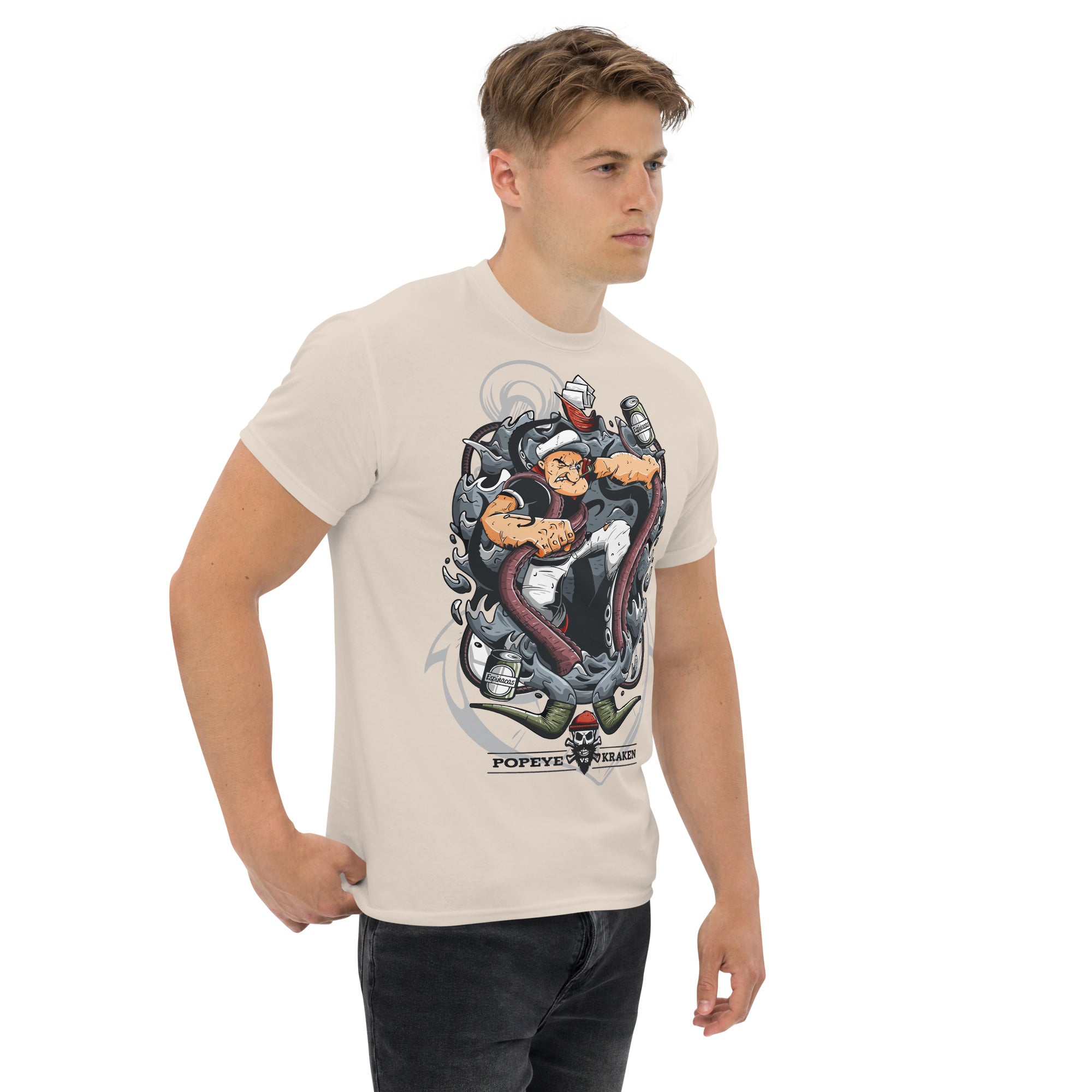 T-Shirt Unisex Stampata 100% Cotone – Confortevole – Design Popeye Vs Kraken-Biiply