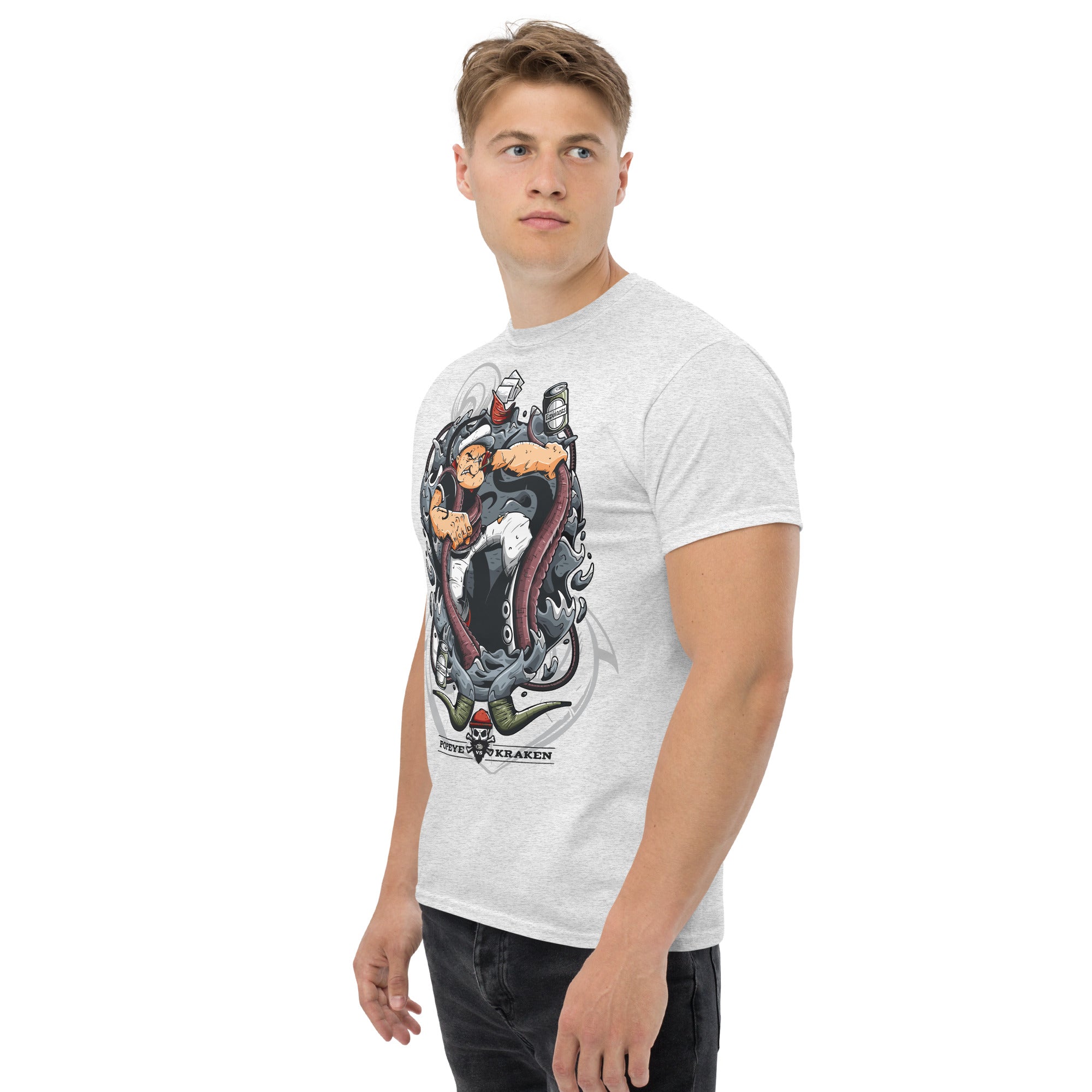 T-Shirt Unisex Stampata 100% Cotone – Confortevole – Design Popeye Vs Kraken-Biiply