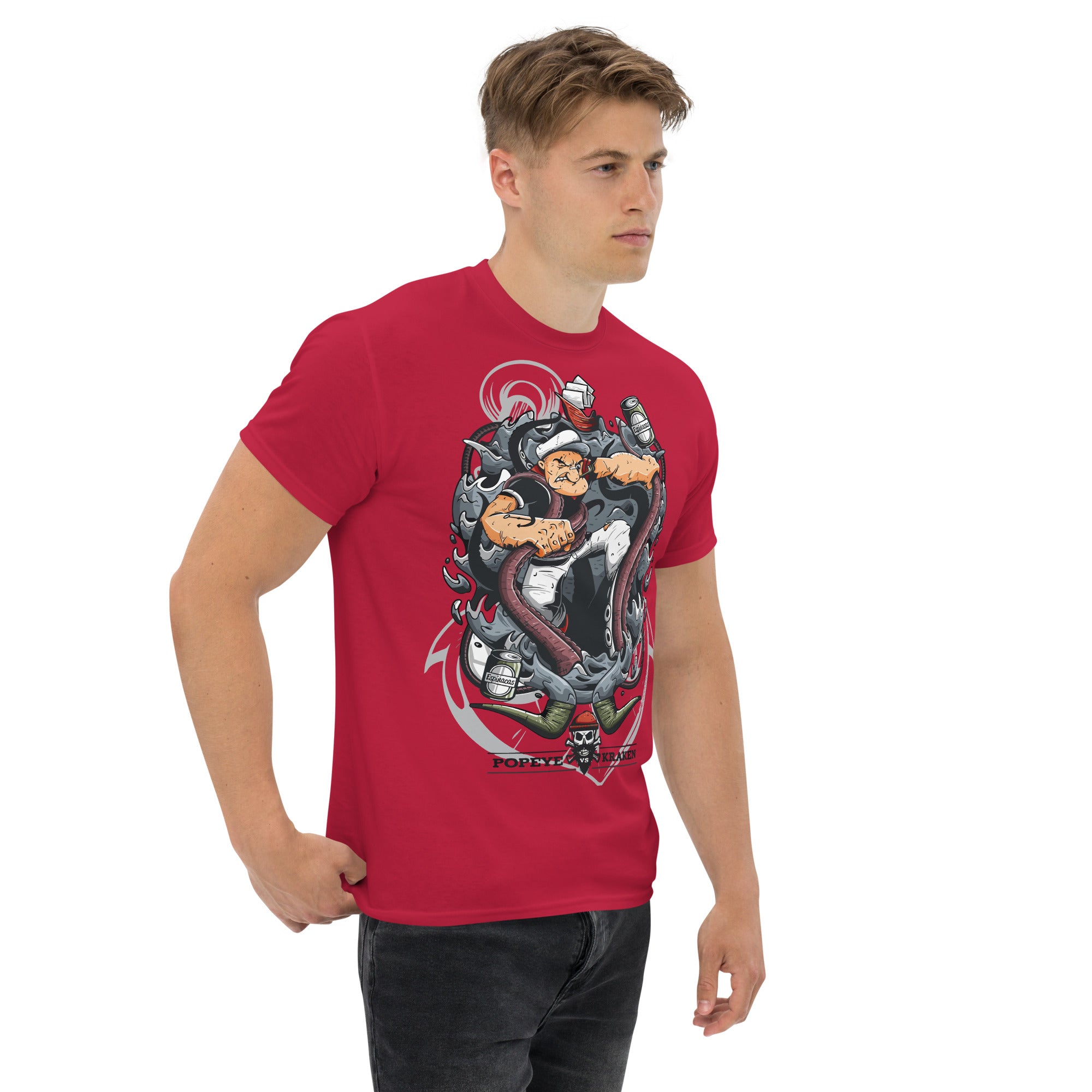 T-Shirt Unisex Stampata 100% Cotone – Confortevole – Design Popeye Vs Kraken-Biiply