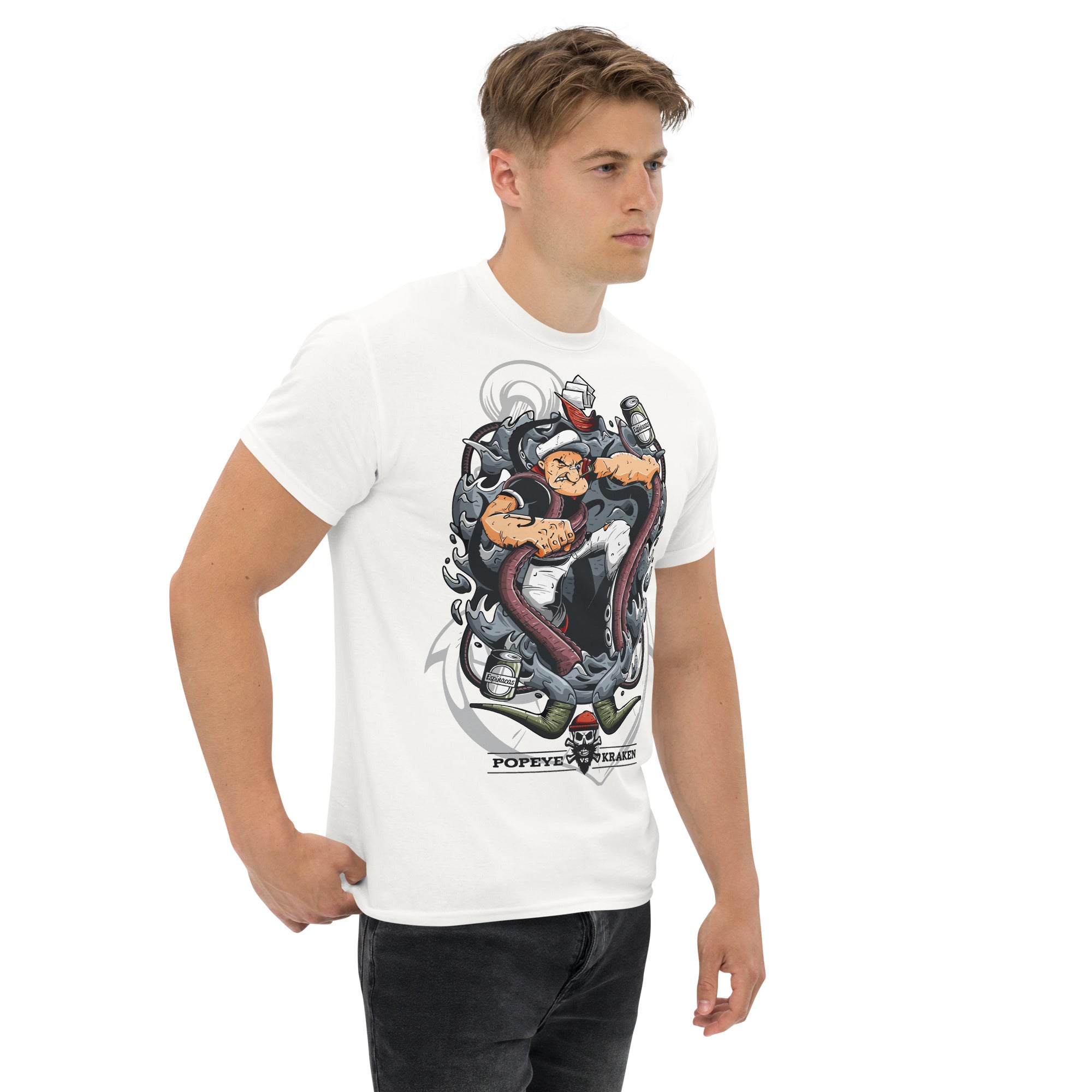 T-Shirt Unisex Stampata 100% Cotone – Confortevole – Design Popeye Vs Kraken-Biiply