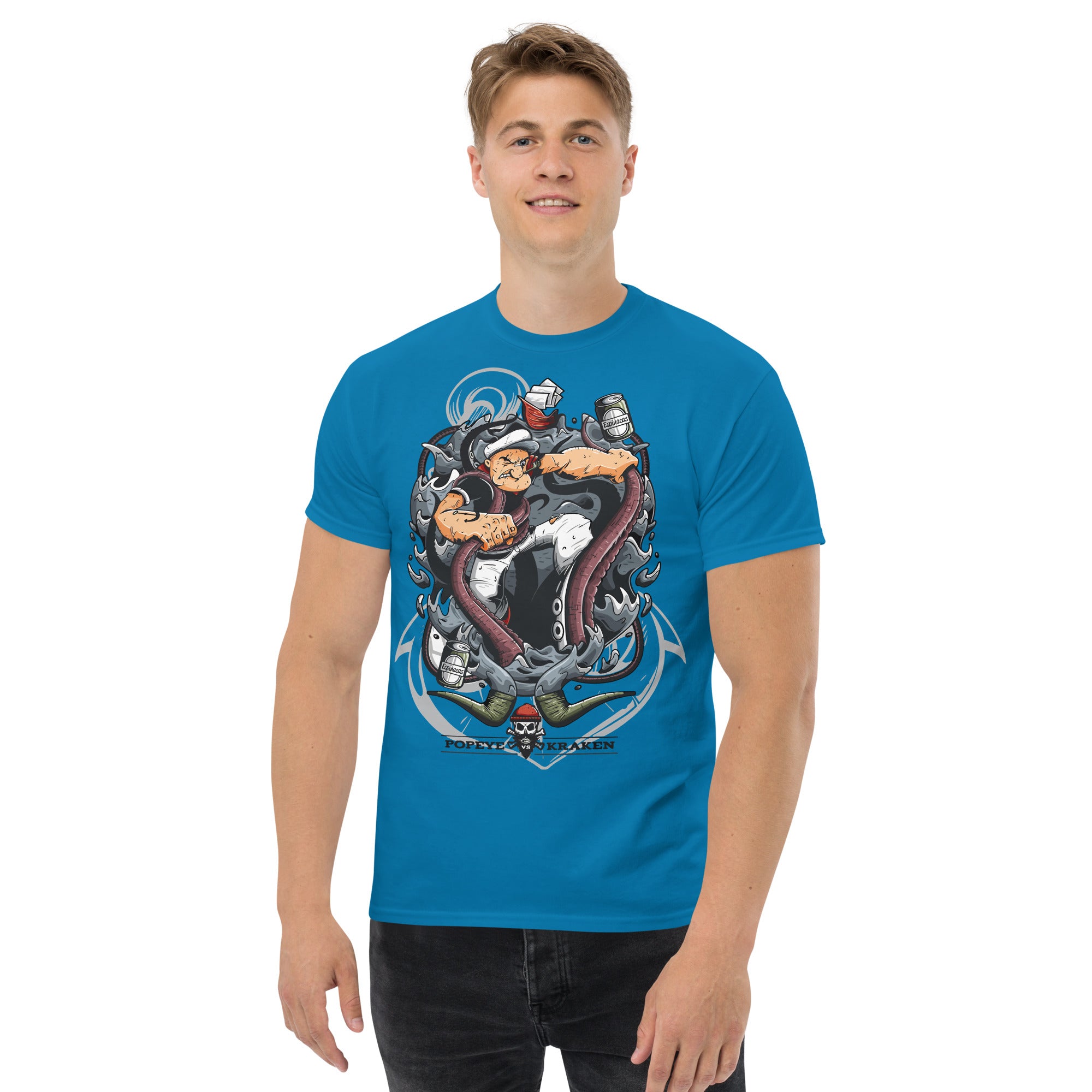 T-Shirt Unisex Stampata 100% Cotone – Confortevole – Design Popeye Vs Kraken-Biiply