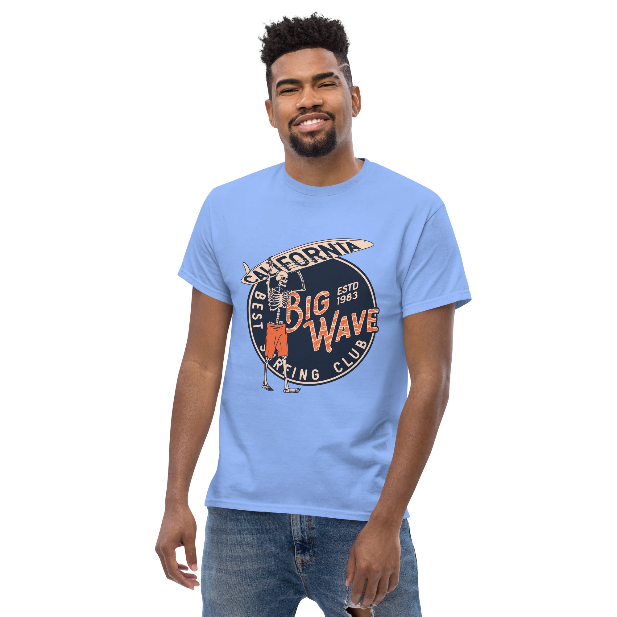 T-Shirt Unisex Stampata 100% Cotone – Confortevole – Design Scheletro surfista-Biiply