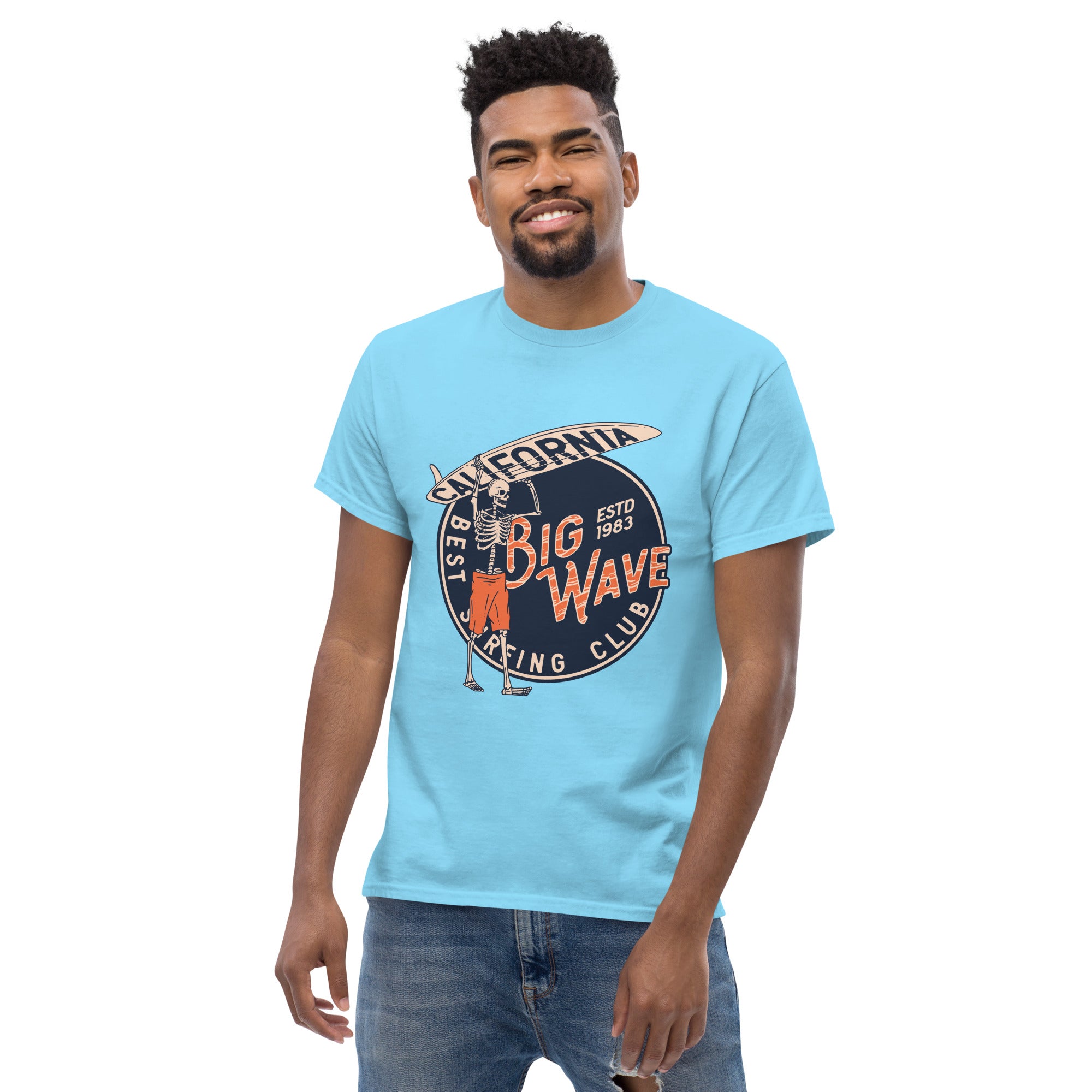 T-Shirt Unisex Stampata 100% Cotone – Confortevole – Design Scheletro surfista-Biiply